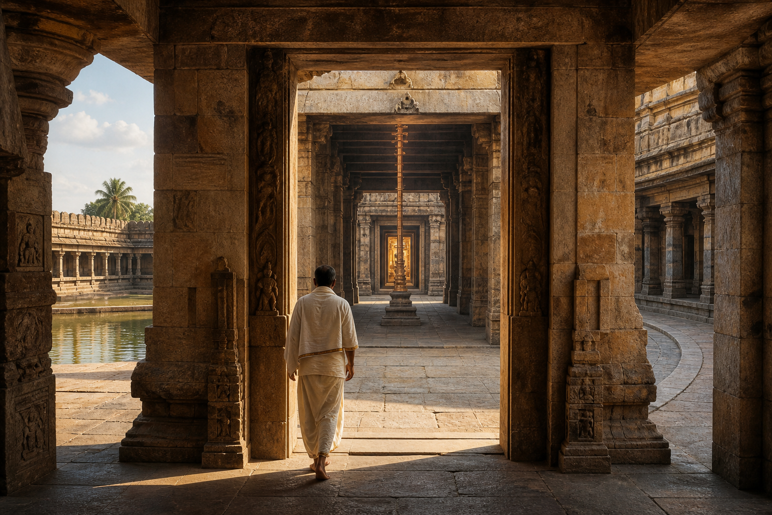 A barefoot pilgrim moves through aligned courtyards and pillared thresholds toward the inner area of a South Indian temple.