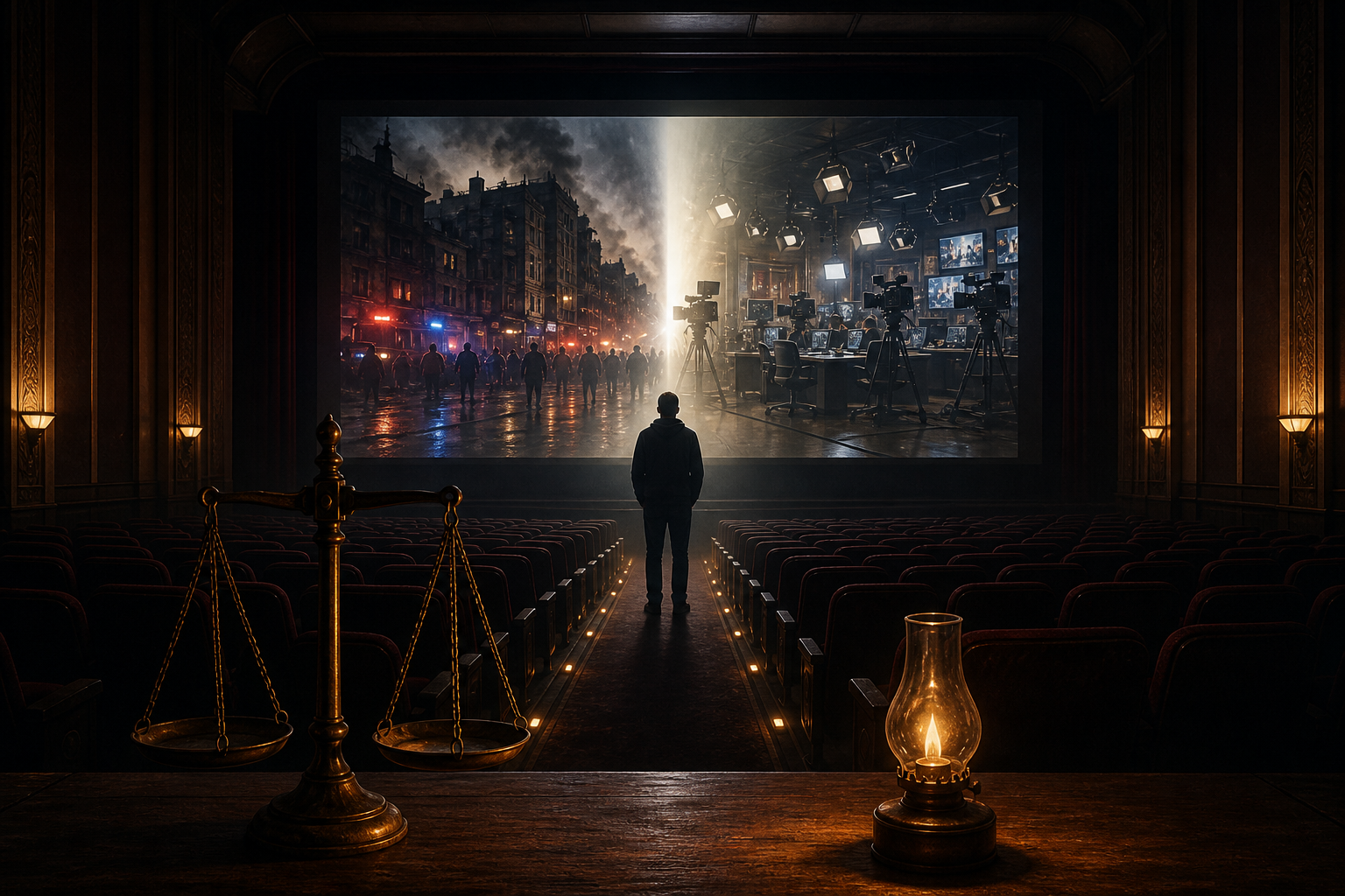A solitary viewer faces a cinema screen showing an abstract urban crisis and a conflicting newsroom, with a balance scale and glowing oil lamp in the foreground.