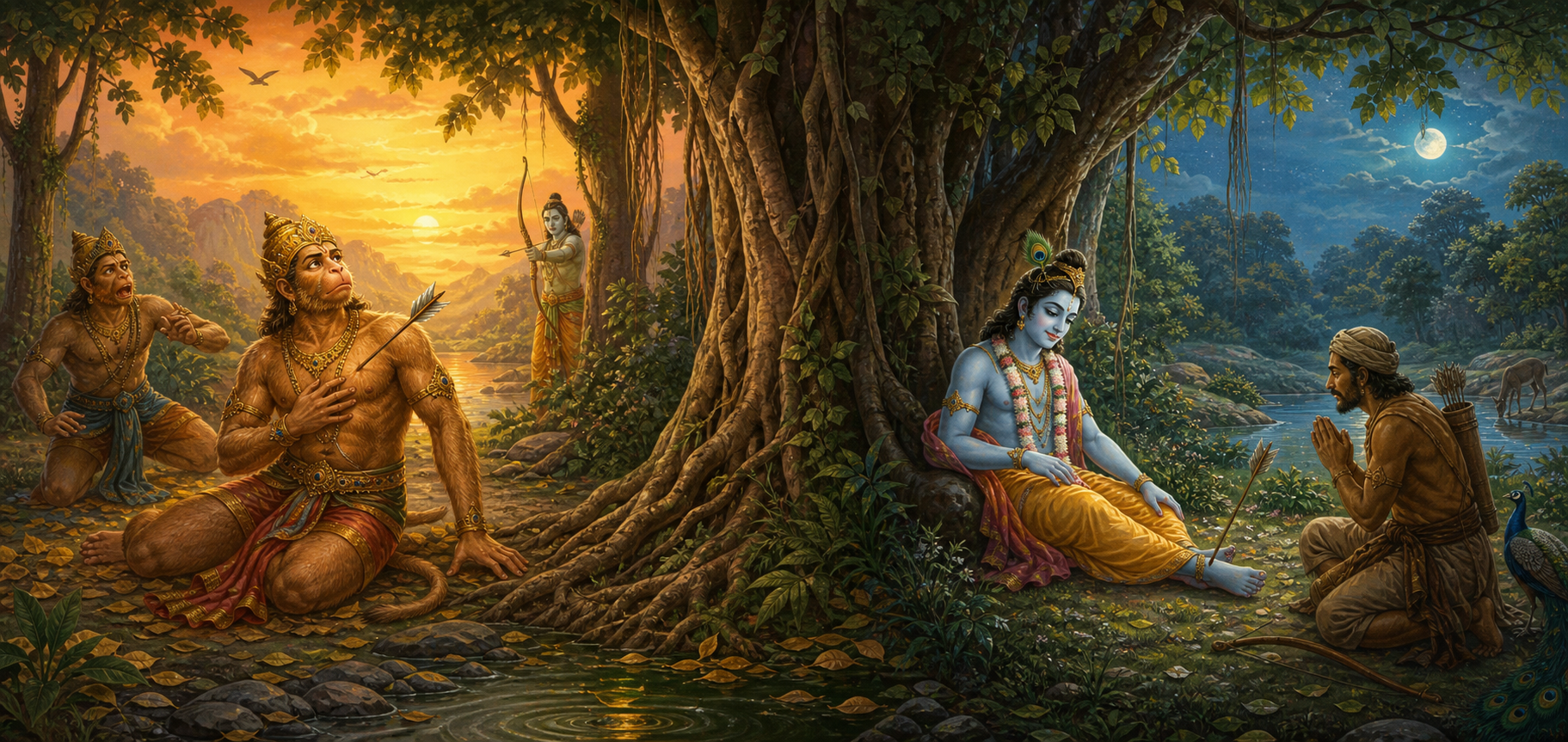 A divided forest scene shows Vali wounded by Rama's arrow on one side and the remorseful hunter Jara beside Krishna after a mistaken shot on the other.