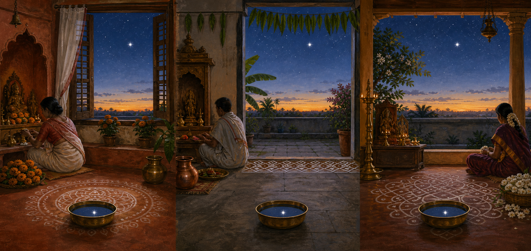 Three regional home altars at the same dawn include different floor designs, flowers, and vessels, each with a bowl reflecting the same morning star.