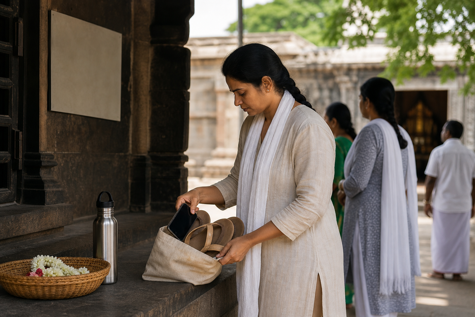 A modestly dressed pilgrim stores sandals and a phone in a cloth bag before entering a temple.