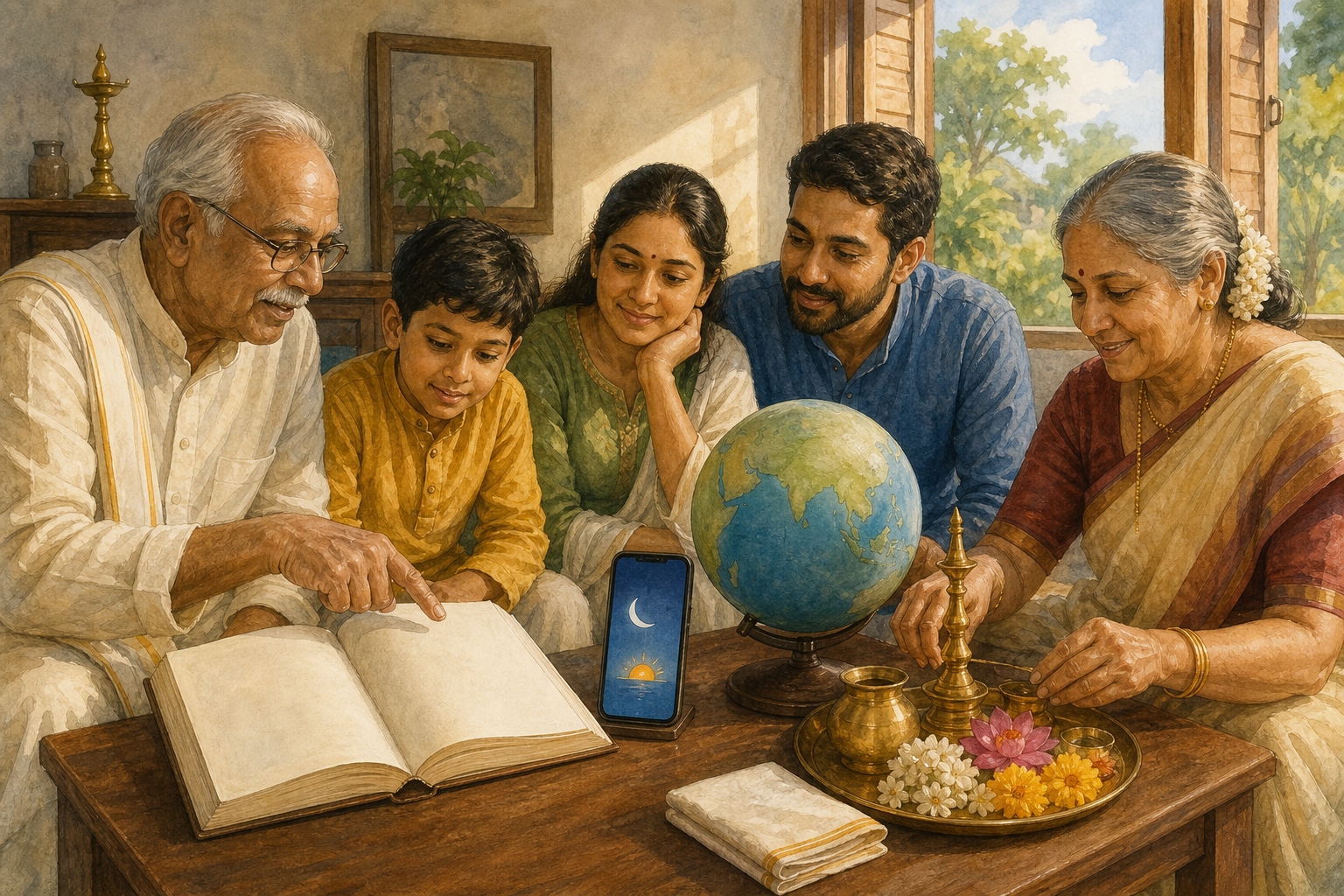 A multigenerational family compares an unmarked almanac, a phone with moon and sunrise symbols, and a globe while preparing a lamp and ritual vessels.