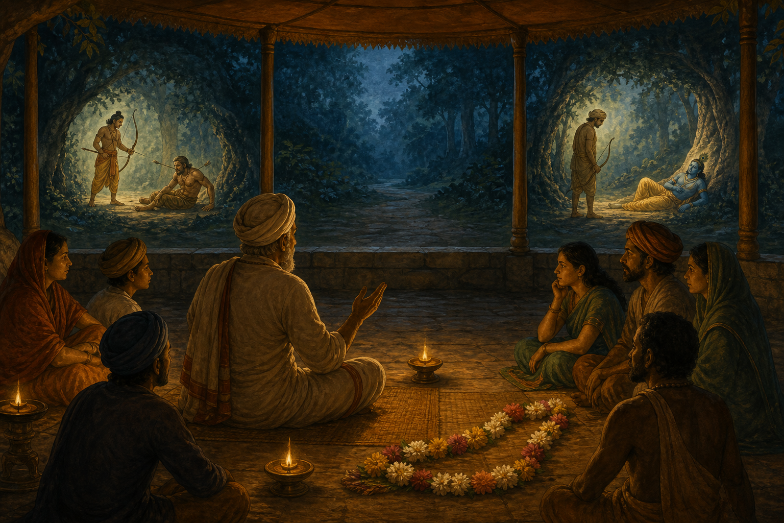 A split scene shows Rama aiming from behind forest trees toward Vali and Sugriva, and the hunter Jara aiming toward Krishna's partly obscured foot at twilight.