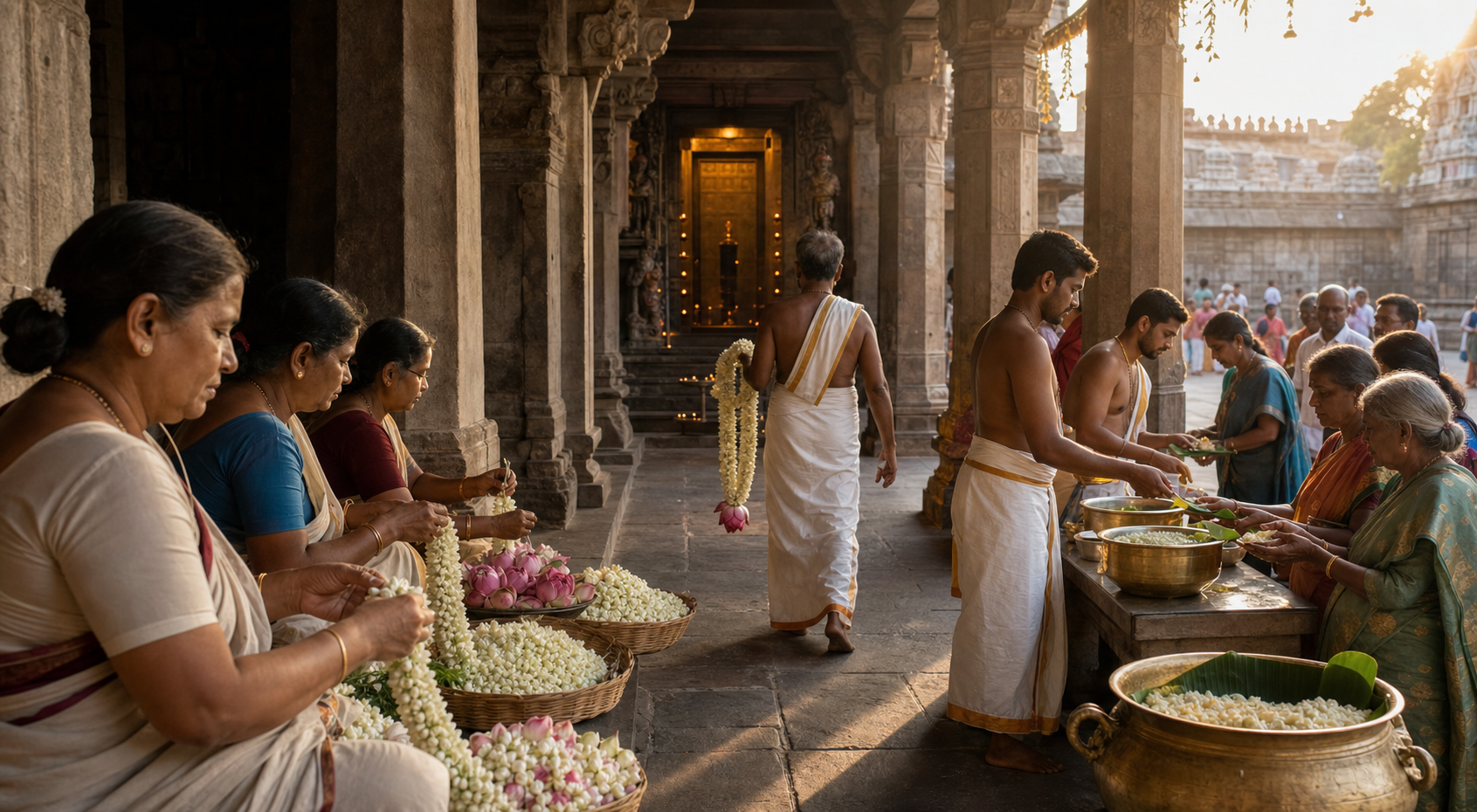 A continuous temple scene follows jasmine flowers from garland preparation to a sanctum passage and distribution among devotees in the courtyard.