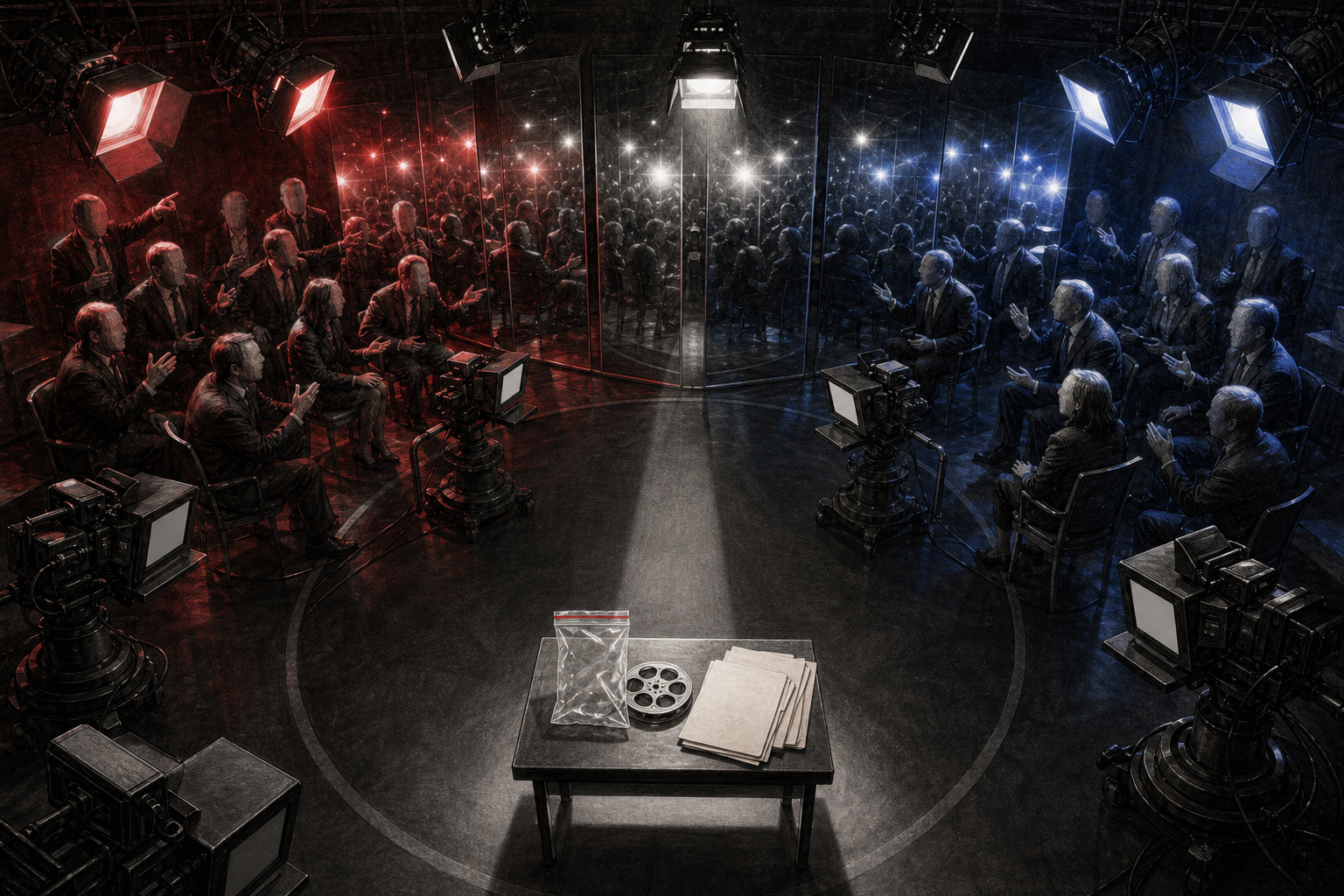 A magnifying lens reveals miniature set pieces behind a dramatic film frame, with an unmarked map, photographs and measuring tools arranged on an evidence table.