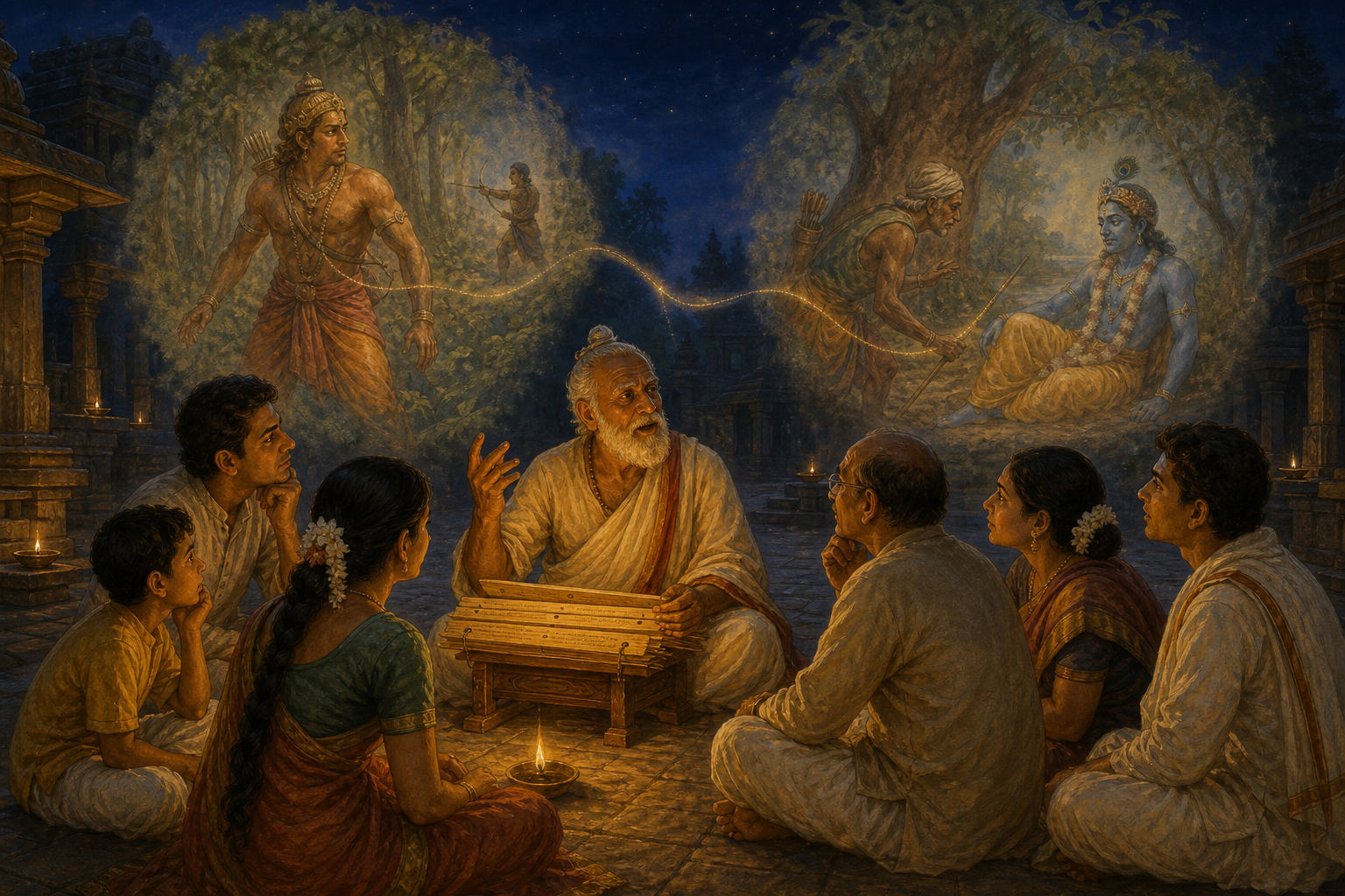 An elderly storyteller with palm-leaf folios addresses listeners in a lamplit courtyard as faint scenes of Vali and Jara appear behind him.