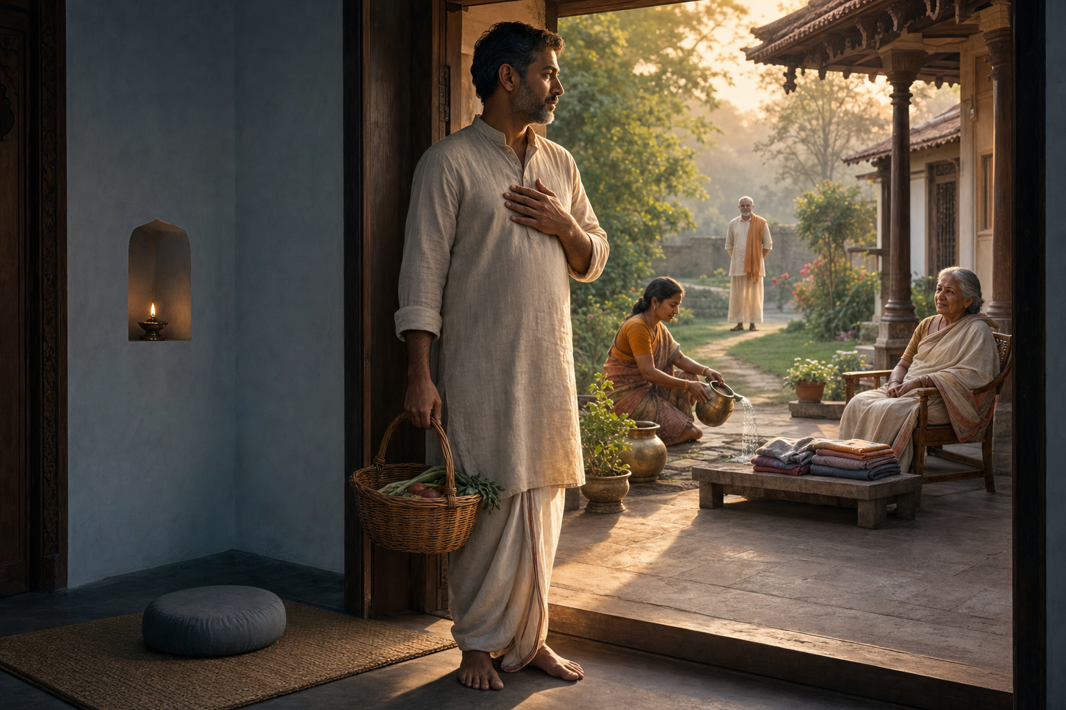 A householder carrying provisions stands between a meditation room and a family courtyard while a spiritual guide waits at a respectful distance.