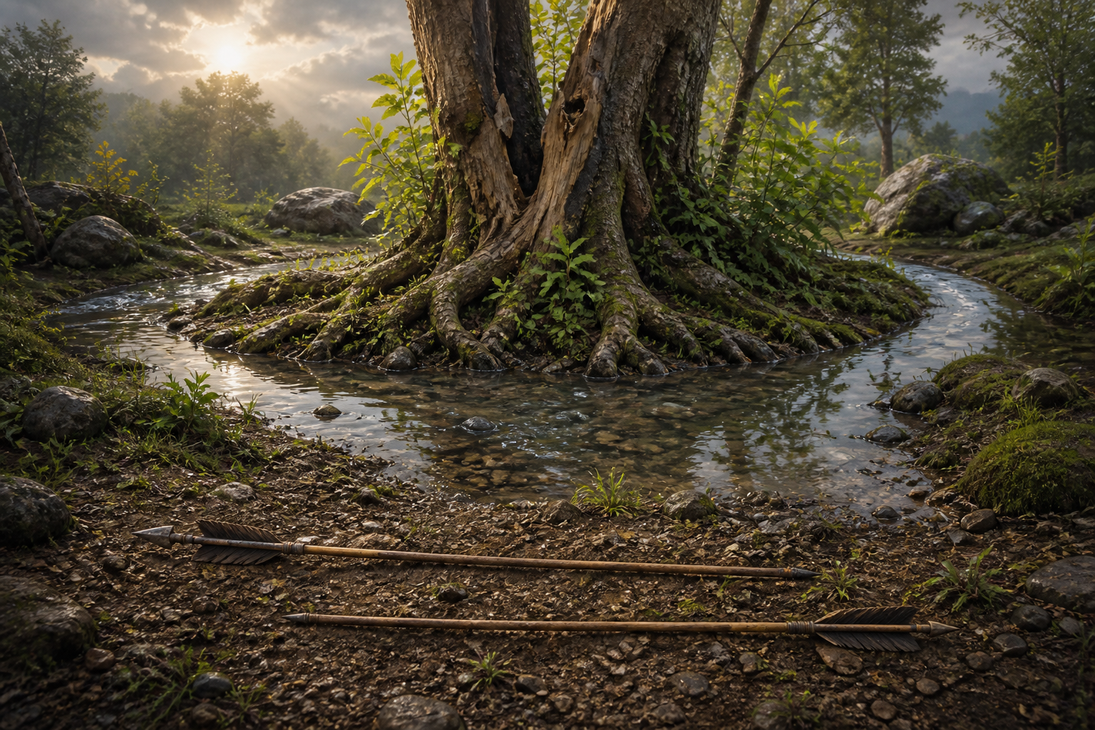 Two unused arrows rest beside a restored stream and a healing tree with fresh leaves in a sunlit forest clearing.