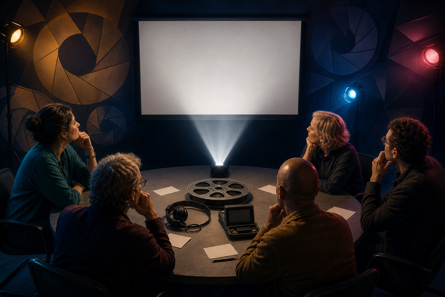 Five anonymous critics sit around a circular table with film equipment and blank note cards while different colored lights fall across them during a screening.