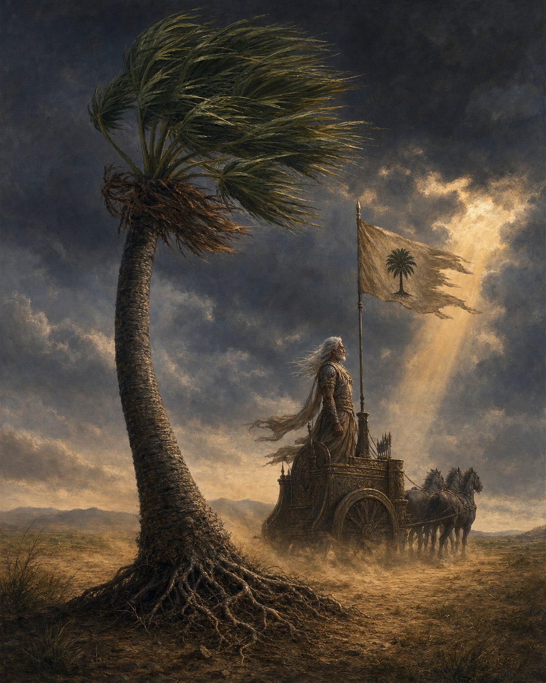 A wind-bent palmyra palm aligns with Bhishma and his palm banner as dust and dark clouds sweep across the plain.