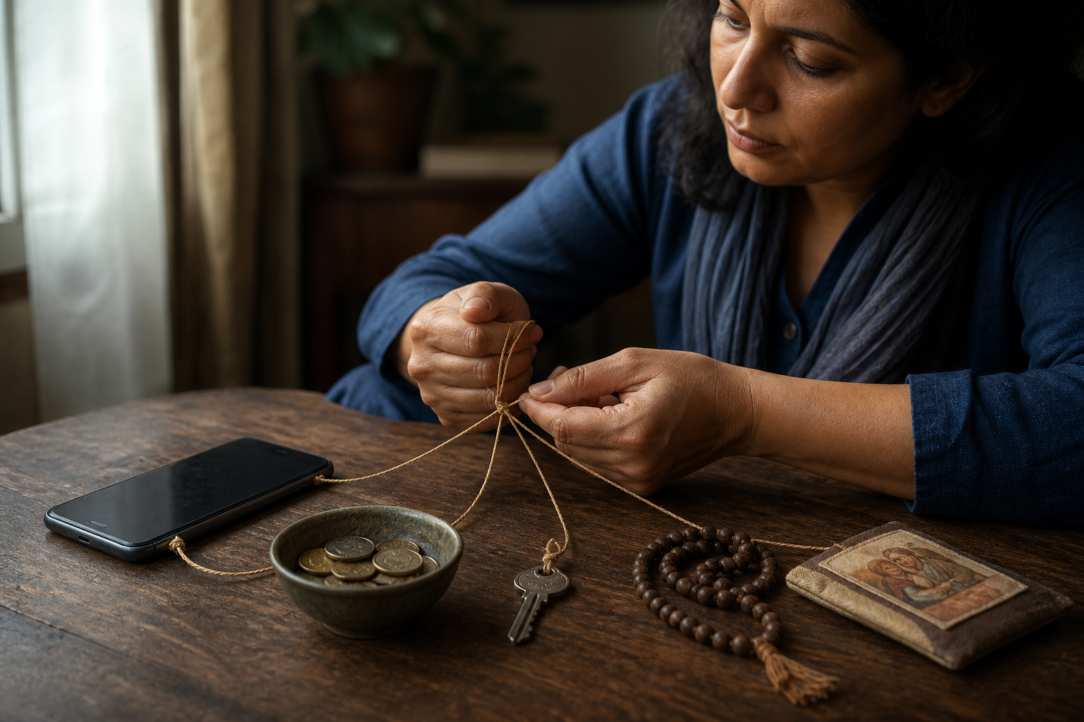 A seated person loosens cords wrapped around a phone, coins, a key, prayer beads, and a family keepsake.