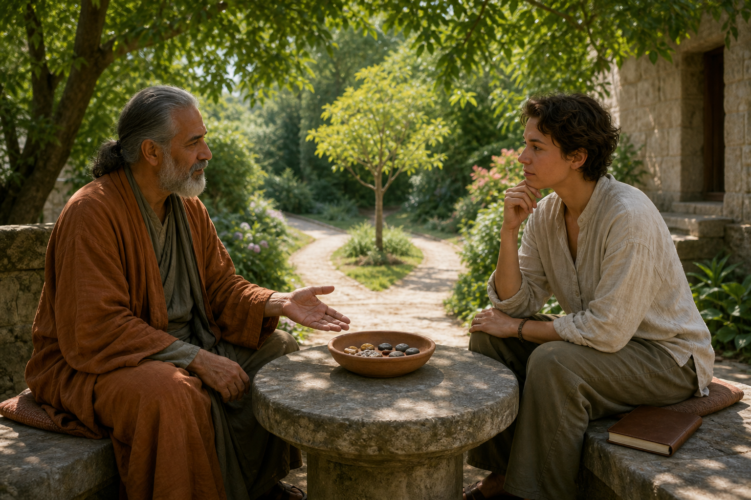 A spiritual mentor and an adult seeker sit as equals in a garden while examining seeds and stones in a clay bowl.