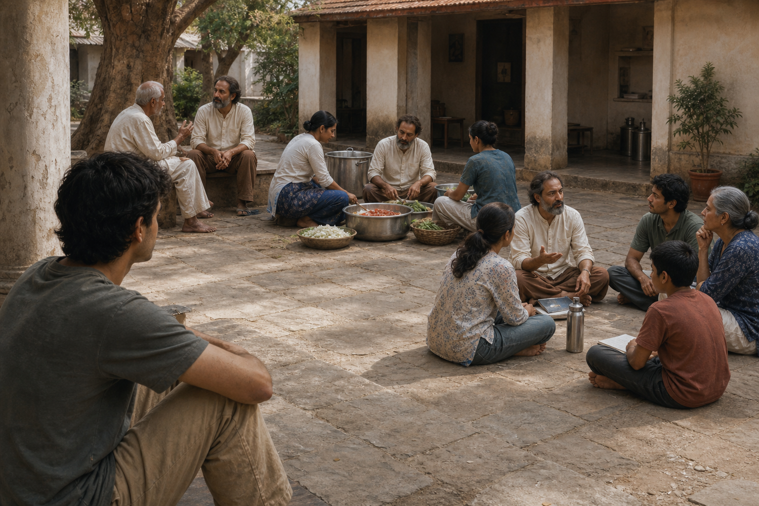 A prospective student observes a spiritual teacher listening to a visitor, helping prepare food, and meeting with a study circle.