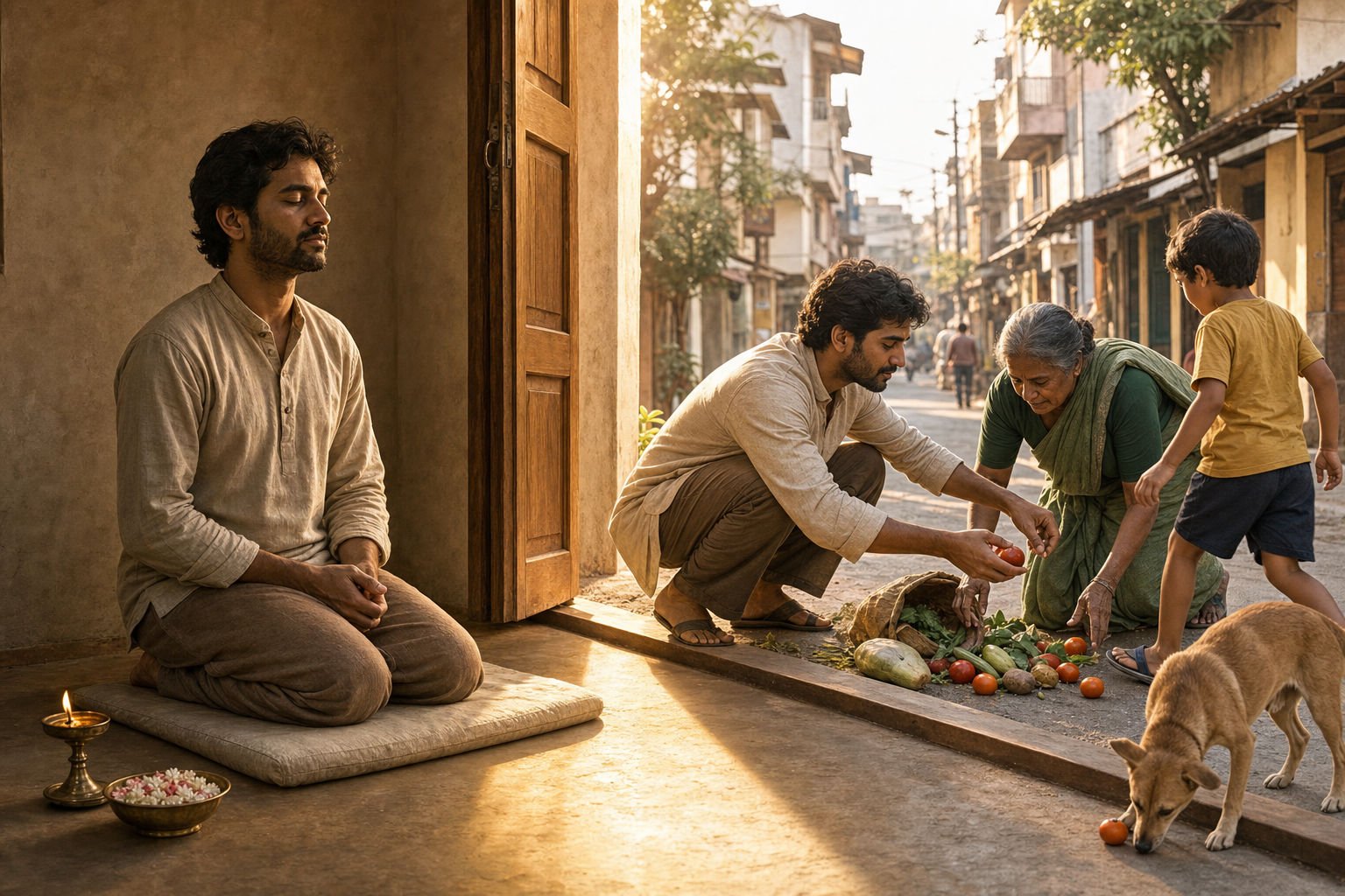 A practitioner leaves a simple meditation room and helps an older person gather spilled vegetables on a neighborhood street.