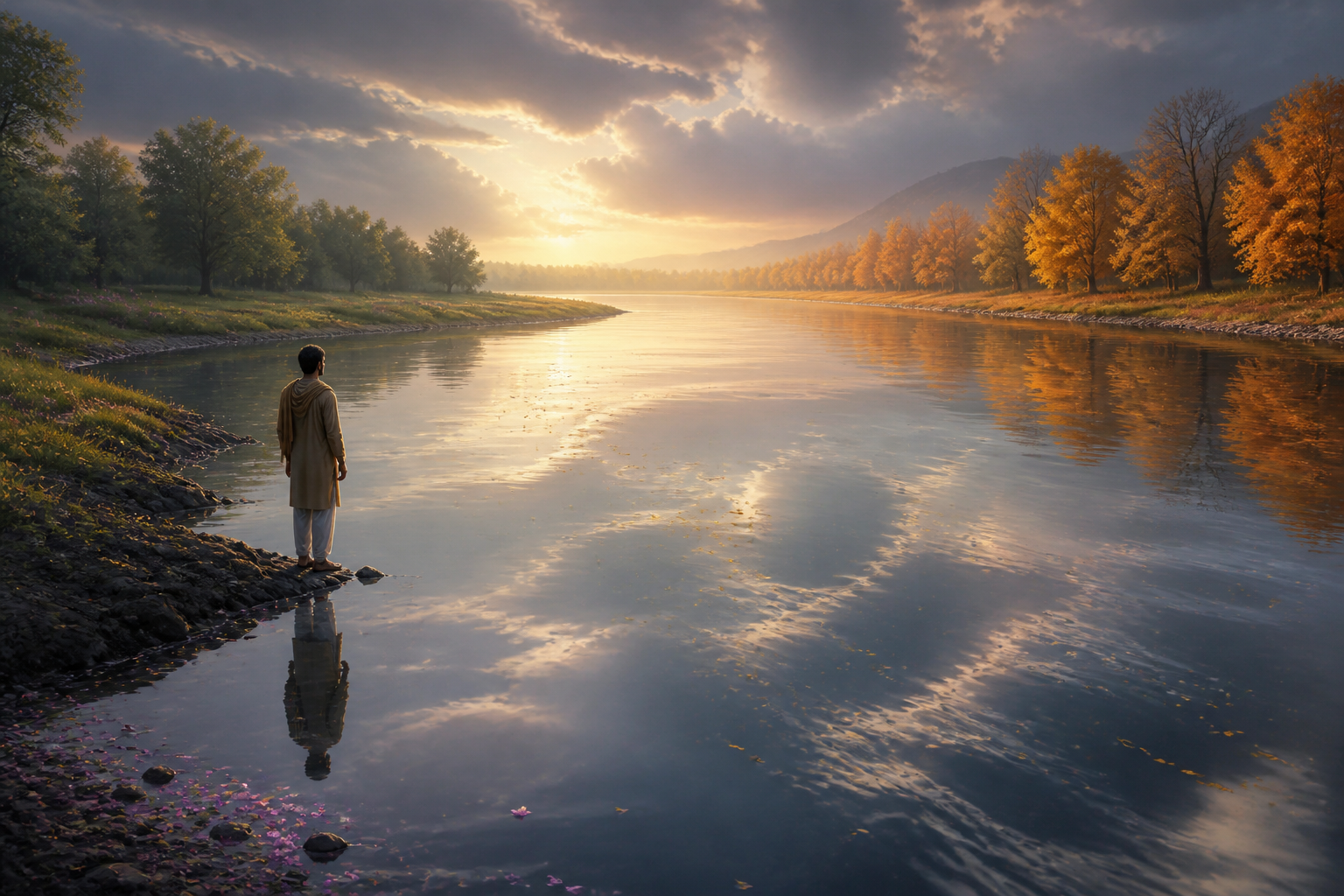 A person stands beside a flowing river between green and autumn-colored banks as leaves drift through a reflection of changing clouds.
