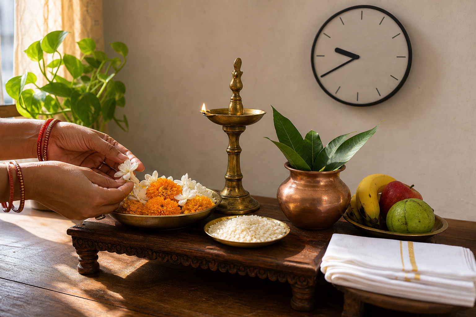 A devotee arranges flowers beside a brass lamp and copper kalasha in a sunlit home puja setting, with a numeral-free clock in the background.