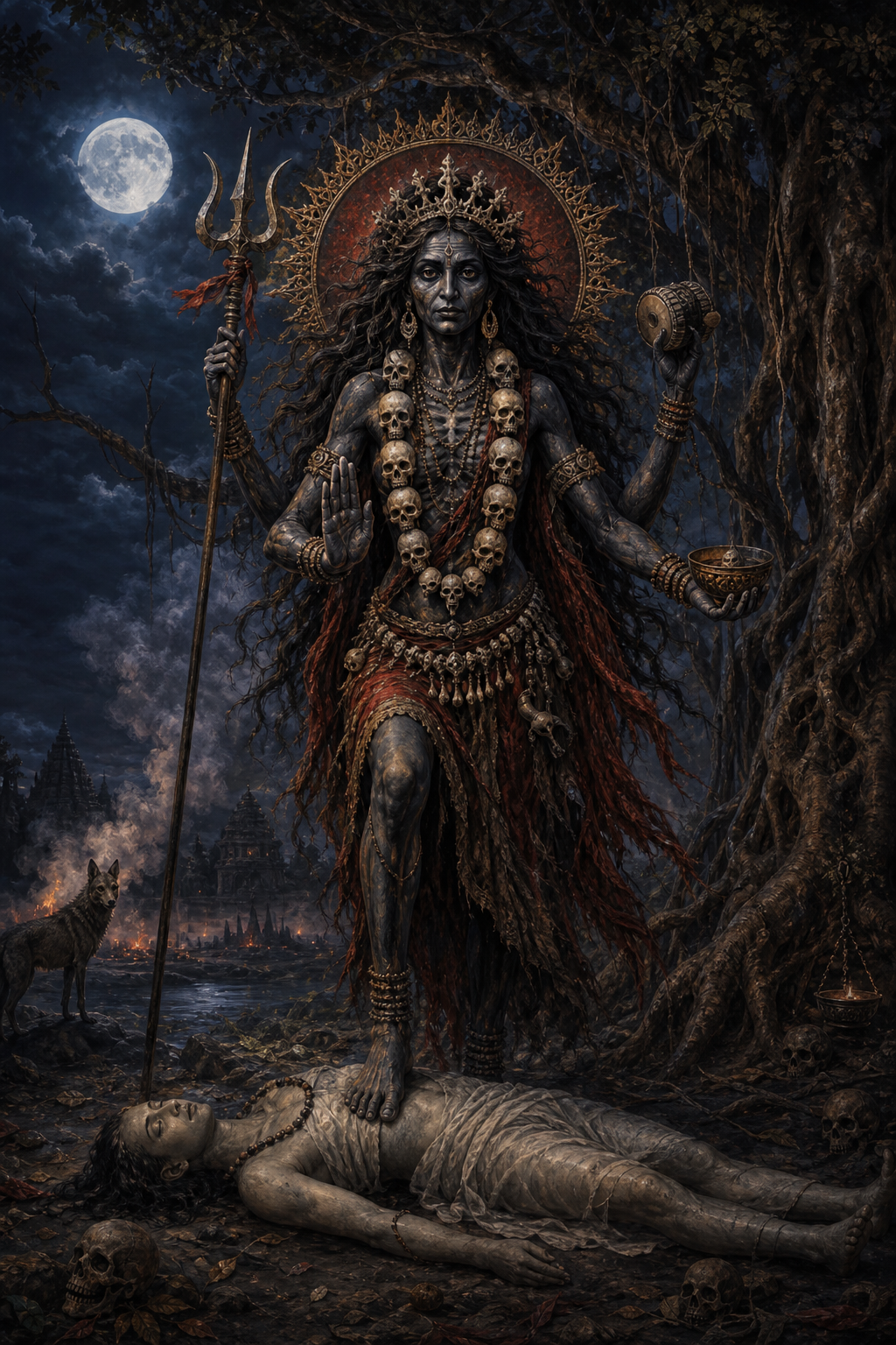 Chamunda stands protectively above a peaceful, non-gory corpse in a moonlit cremation ground, holding ritual objects beneath a muted golden halo.