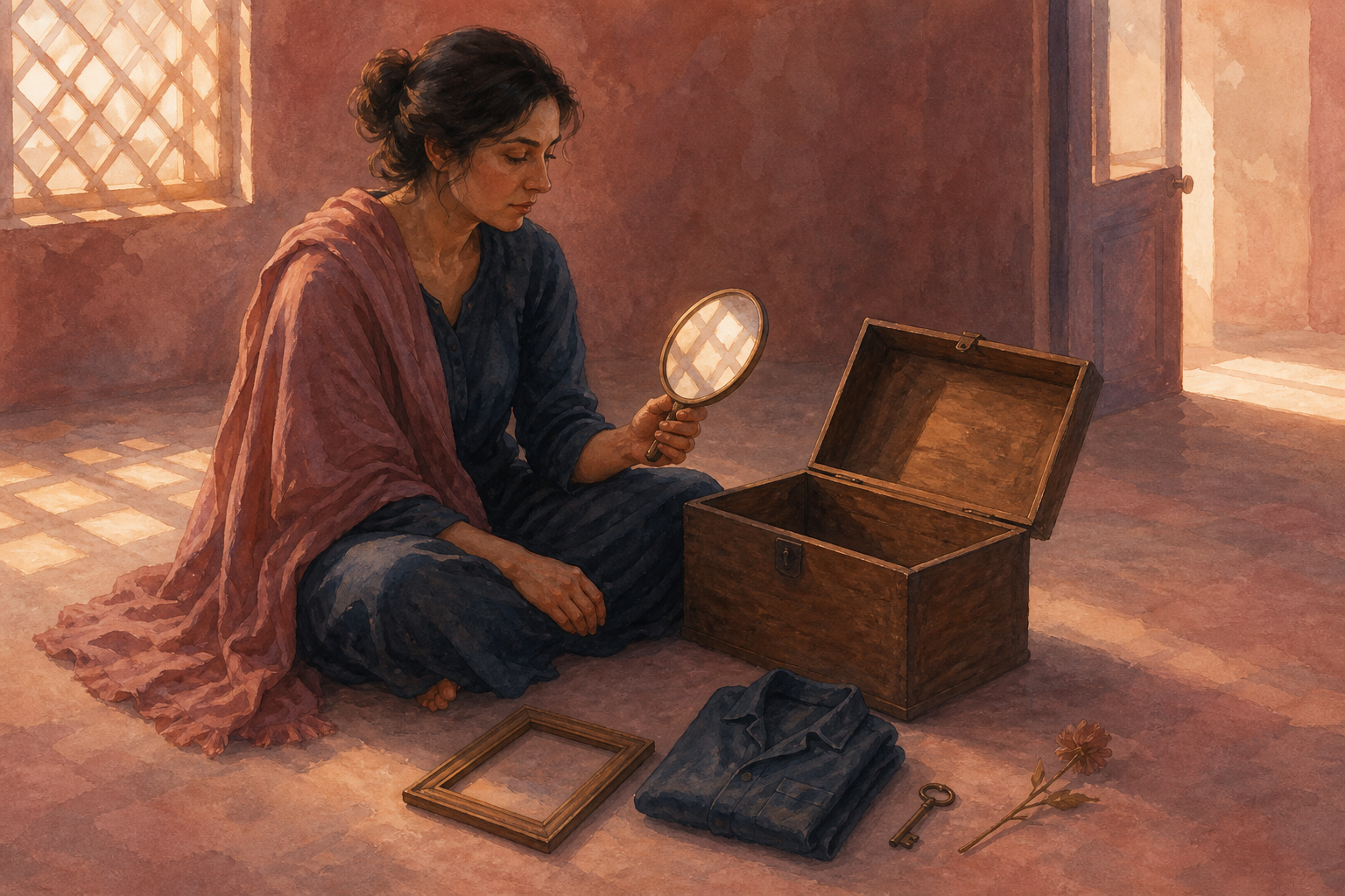 An adult sits beside a chest containing a picture frame, garment, key, and dried flower while holding a mirror that reflects window light.