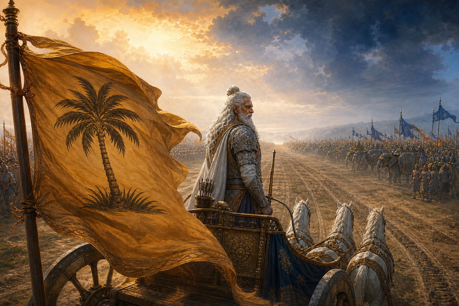 A palm banner fills the foreground, Bhishma stands in his chariot in the middle distance, and opposing armies extend across the battlefield behind him.
