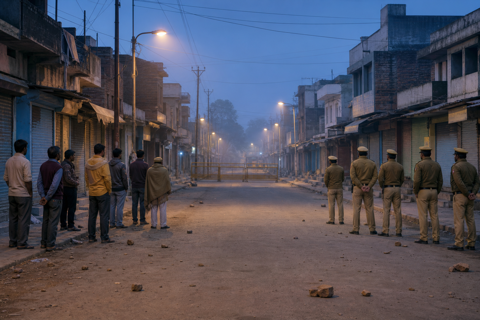 Police officers and residents stand apart on a barricaded small-town street after unrest, with closed shops and scattered stones visible under evening lights.