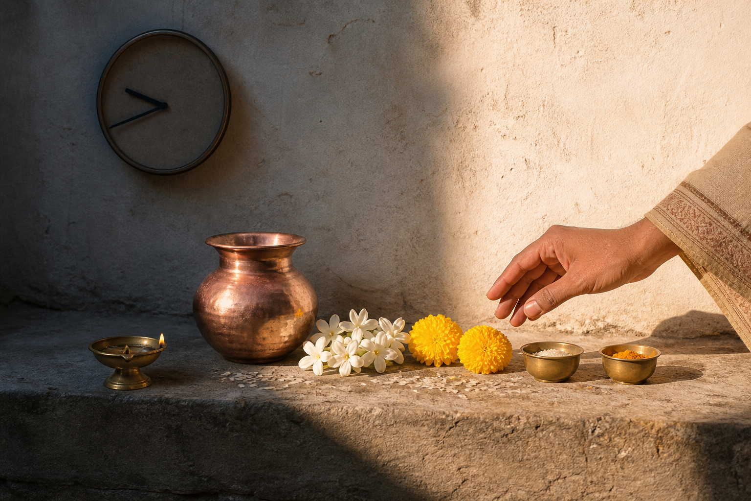 A band of morning sunlight crosses puja offerings in a courtyard as a devotee pauses beside a numeral-free clock.