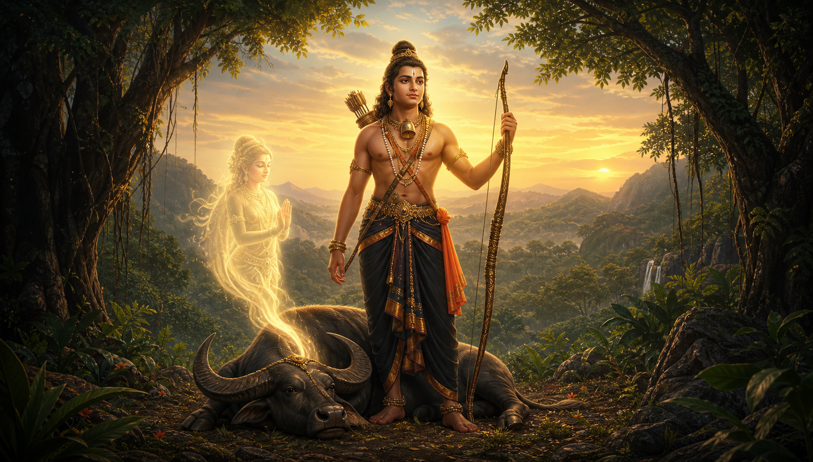 Devotional illustration of Ayyappa standing with a bow in a mountain forest after subduing Mahishi in buffalo form, as a luminous feminine figure begins to emerge.