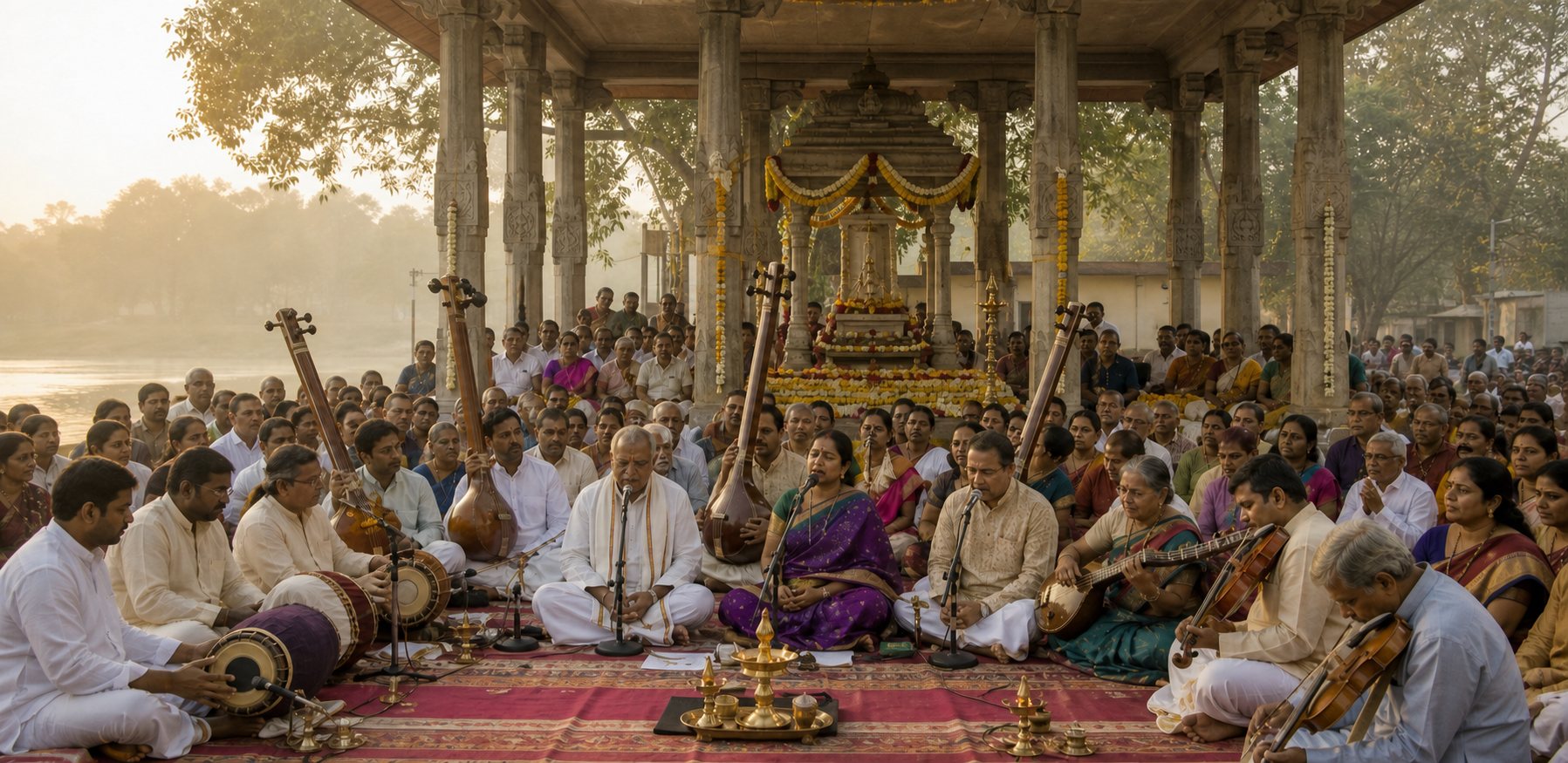 Carnatic vocalists and instrumentalists seated in rows for a morning musical homage at the Tyagaraja samadhi in Thiruvaiyaru.