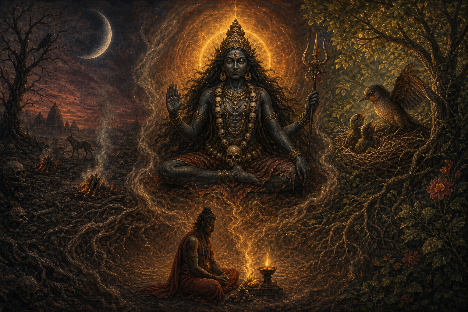 Chamunda appears between a cremation ground, a protective forest scene, and a seated practitioner, with smoke and golden light joining the three settings.