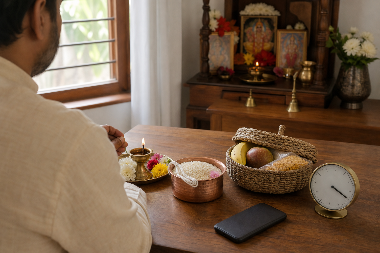 A devotee prepares a lamp, sankalpa materials, and a basket for donation beside a simple clock in a home prayer space.