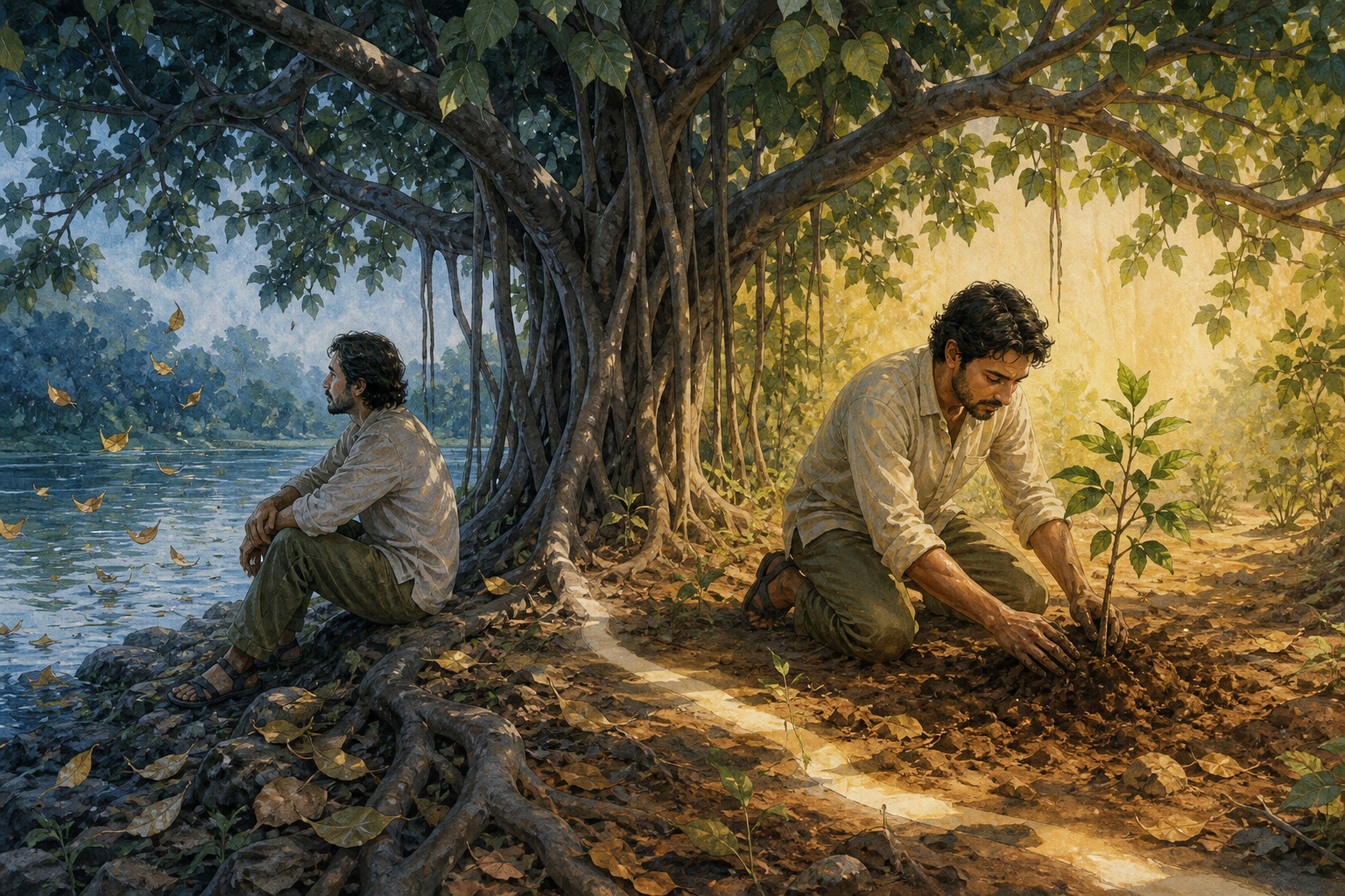 The same adult first observes leaves beside a pond and then kneels to support a newly planted sapling beneath a large tree.
