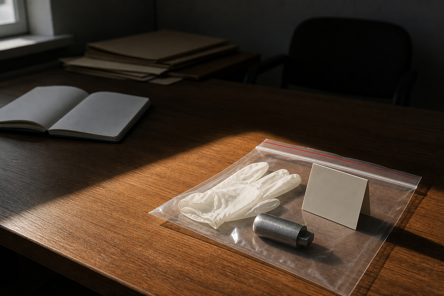 A sealed evidence pouch, examination gloves, a blank marker, an open notebook, and folders sit across the lit and shadowed areas of an investigator's desk.