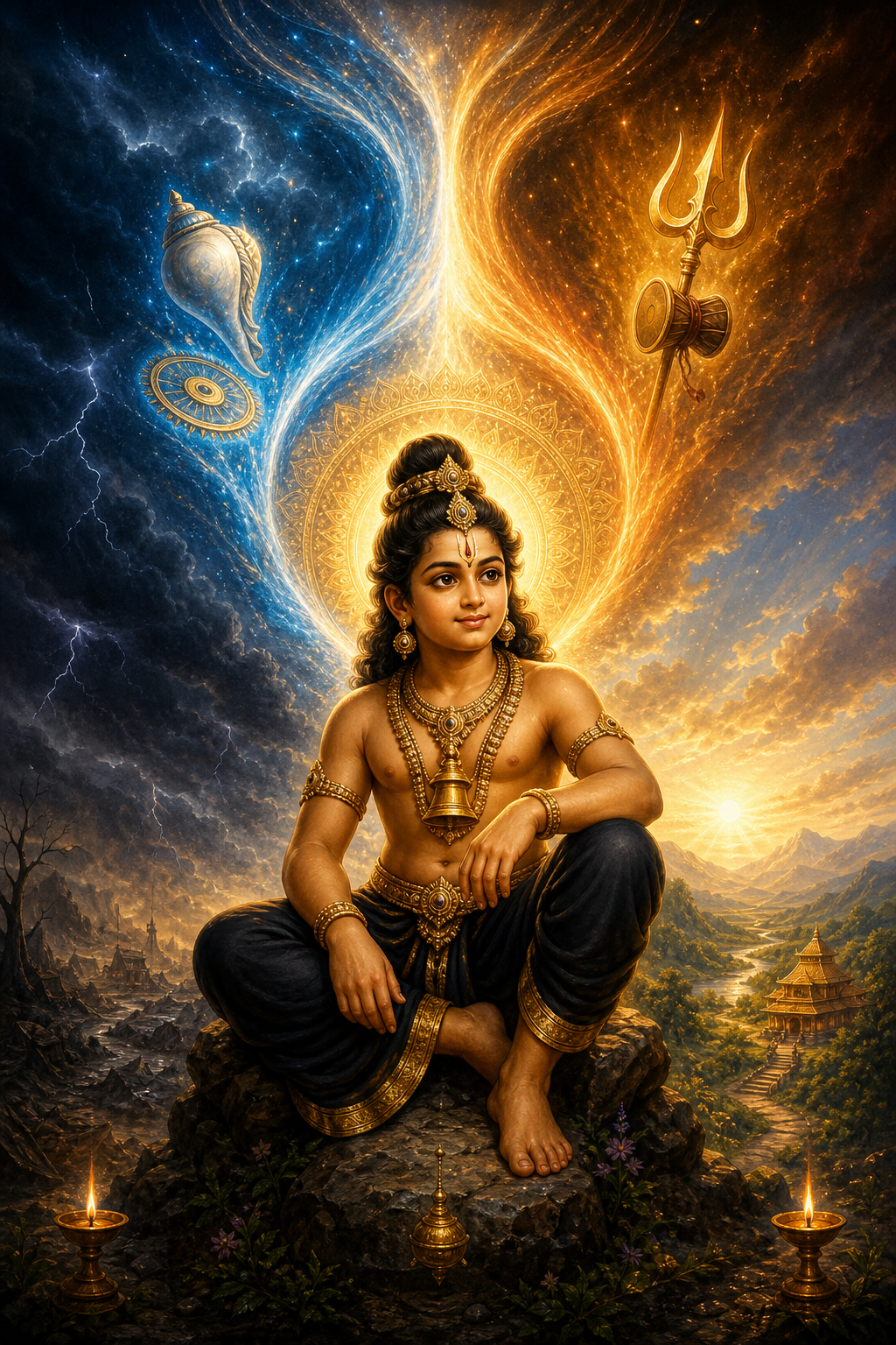 Symbolic illustration of Ayyappa surrounded by two converging streams of divine light containing conch, discus, trident, and drum motifs.