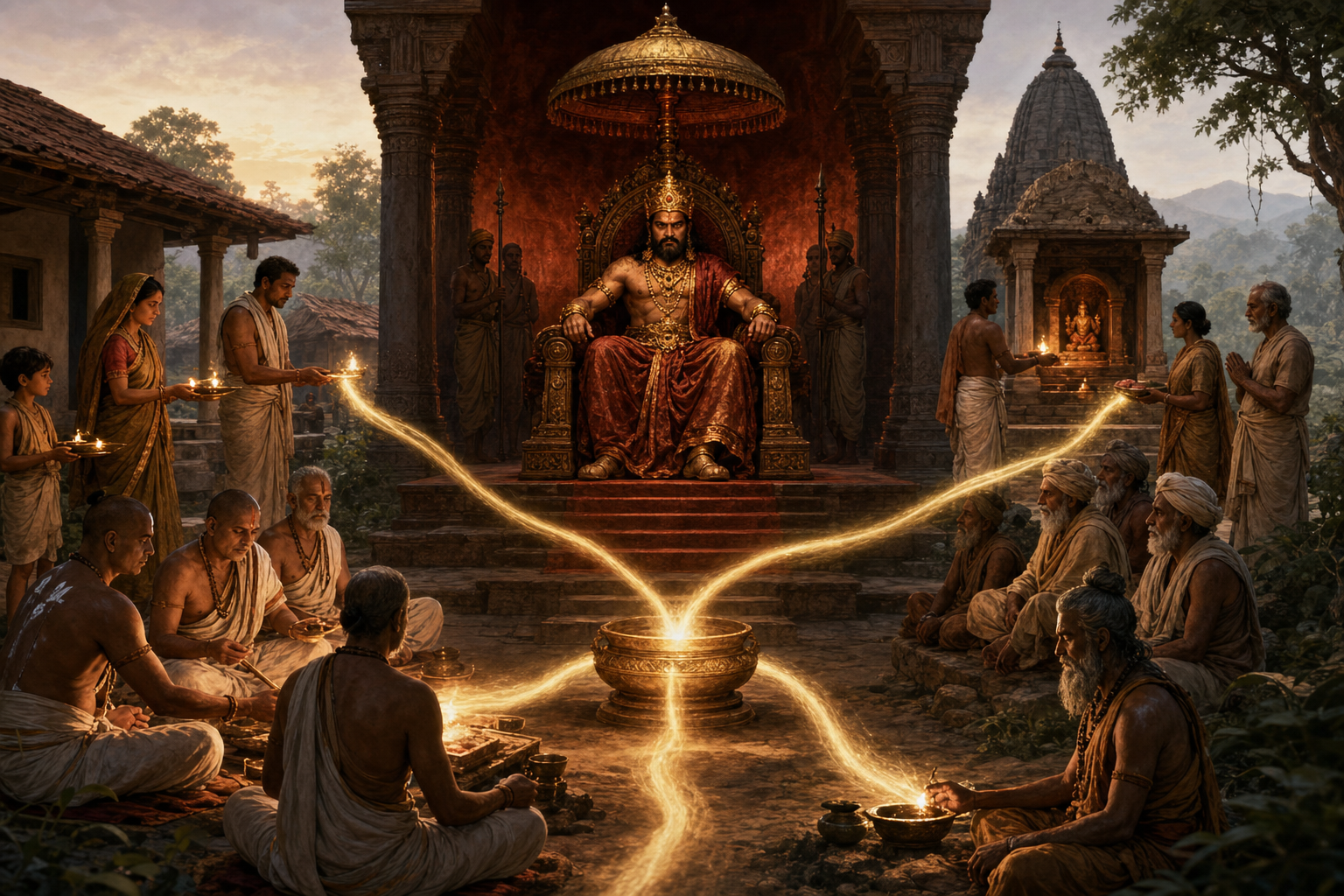 King Vena receives streams of light from ritual lamps and offerings as priests, householders, elders, and ascetics stand apart from his throne.