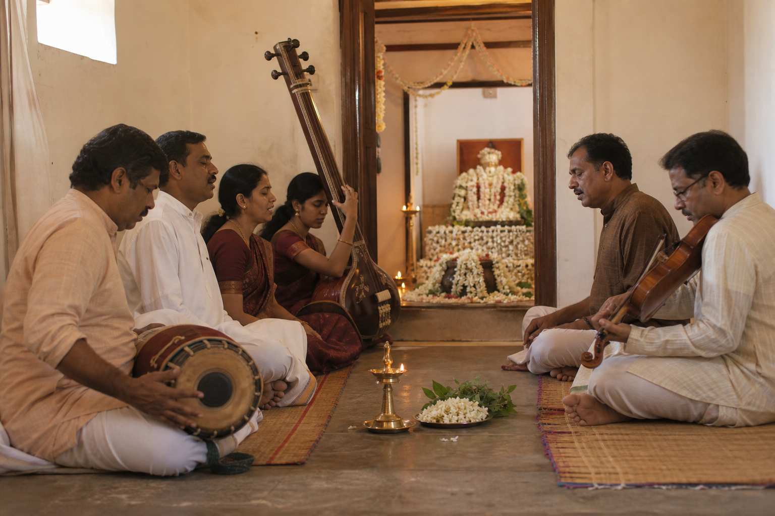 Carnatic musicians sing and play together while facing a flower-decorated shrine at the Tyagaraja samadhi.