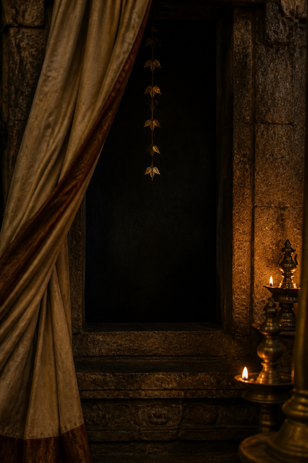 An opened temple curtain reveals a dark sacred recess with small golden bilva-leaf forms lit by oil lamps.
