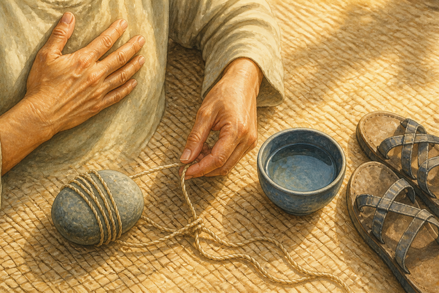 Two hands loosen a cord from a river stone beside a bowl of water and a pair of sandals on a woven mat.