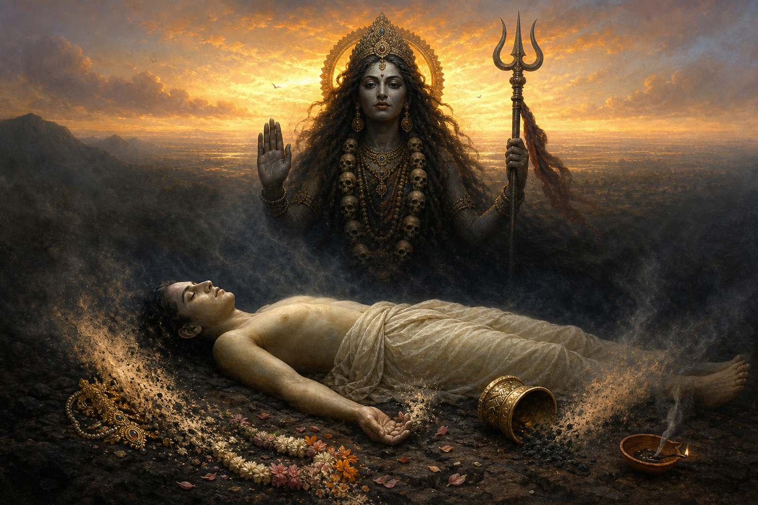 A peaceful body lies beneath Chamunda while flowers, jewelry, a cup, and a fading lamp dissolve into ash around it.