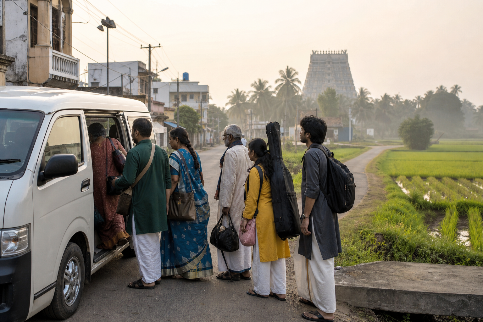 Visitors with small bags and musical instrument cases leave the Thanjavur area by van through the Cauvery delta landscape.