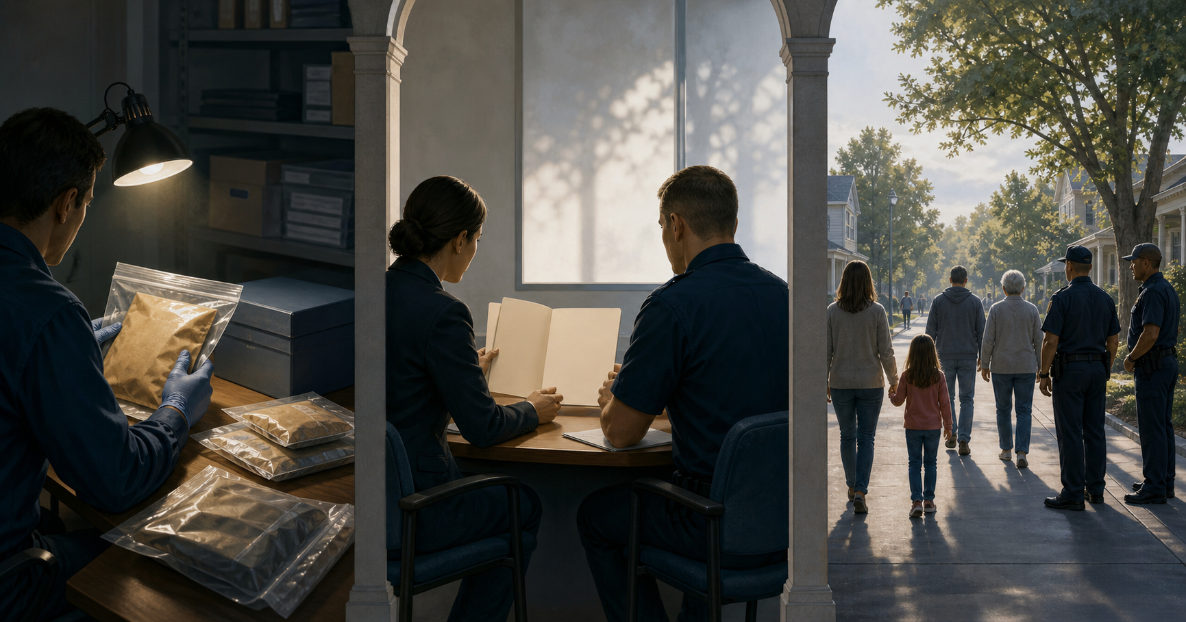 Three separated scenes show an investigator reviewing evidence, an official meeting with a police officer, and residents walking along a calm neighborhood street.