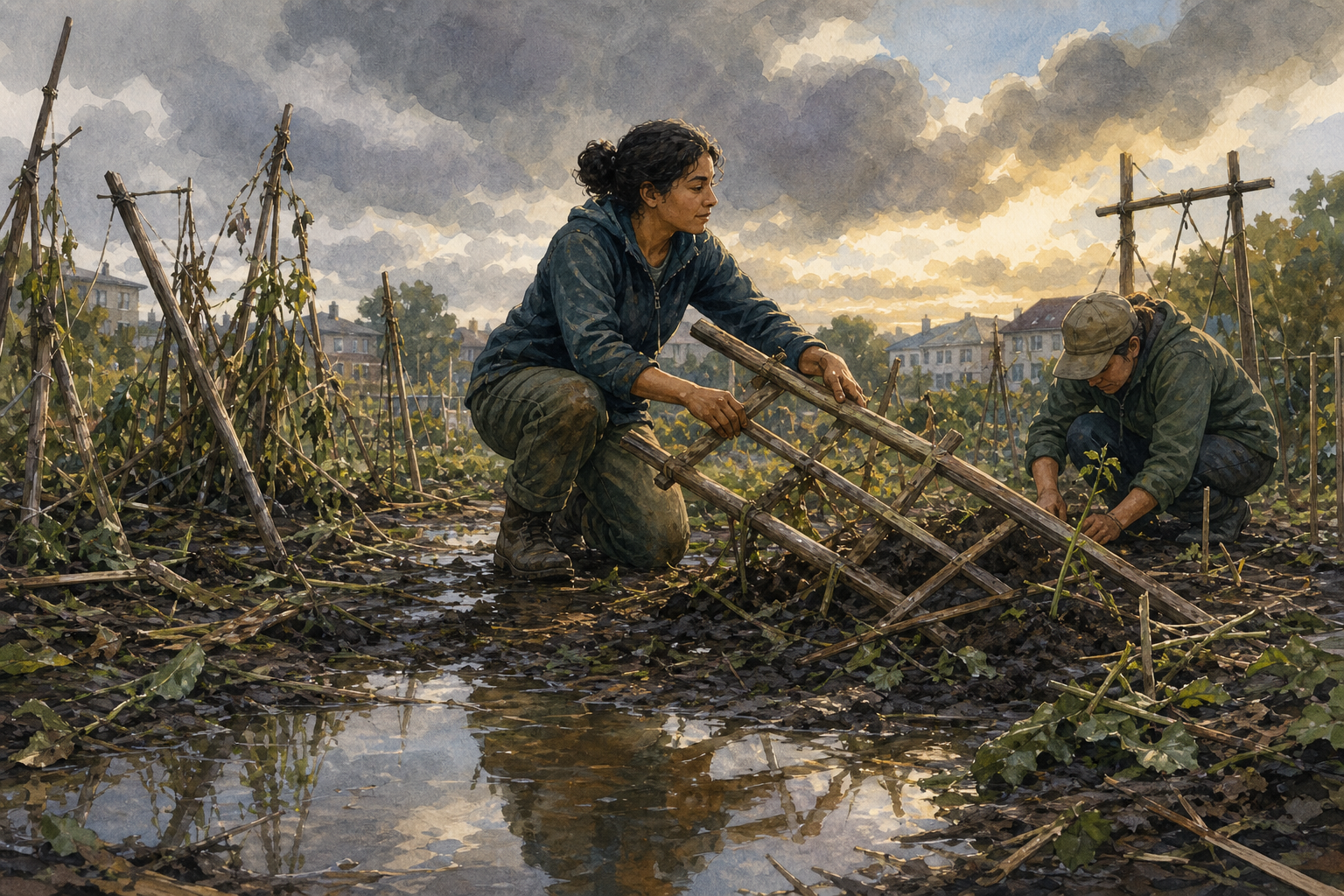 Two adults restore a storm-damaged garden by lifting a fallen trellis and supporting a young plant as sunlight breaks through rain clouds.