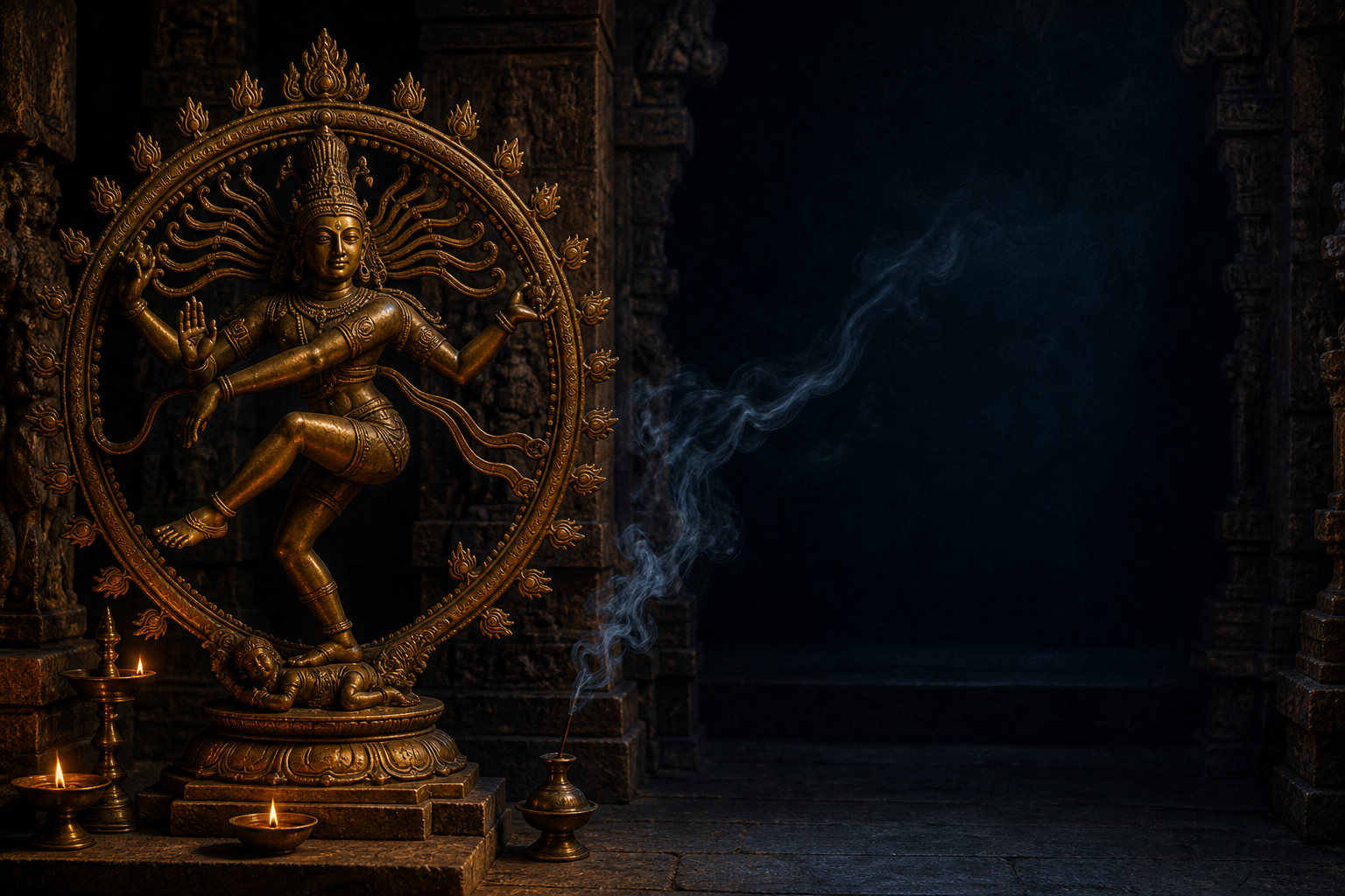 A bronze Nataraja stands in a lamp-lit granite hall beside an open area of deep shadow framed by temple pillars.