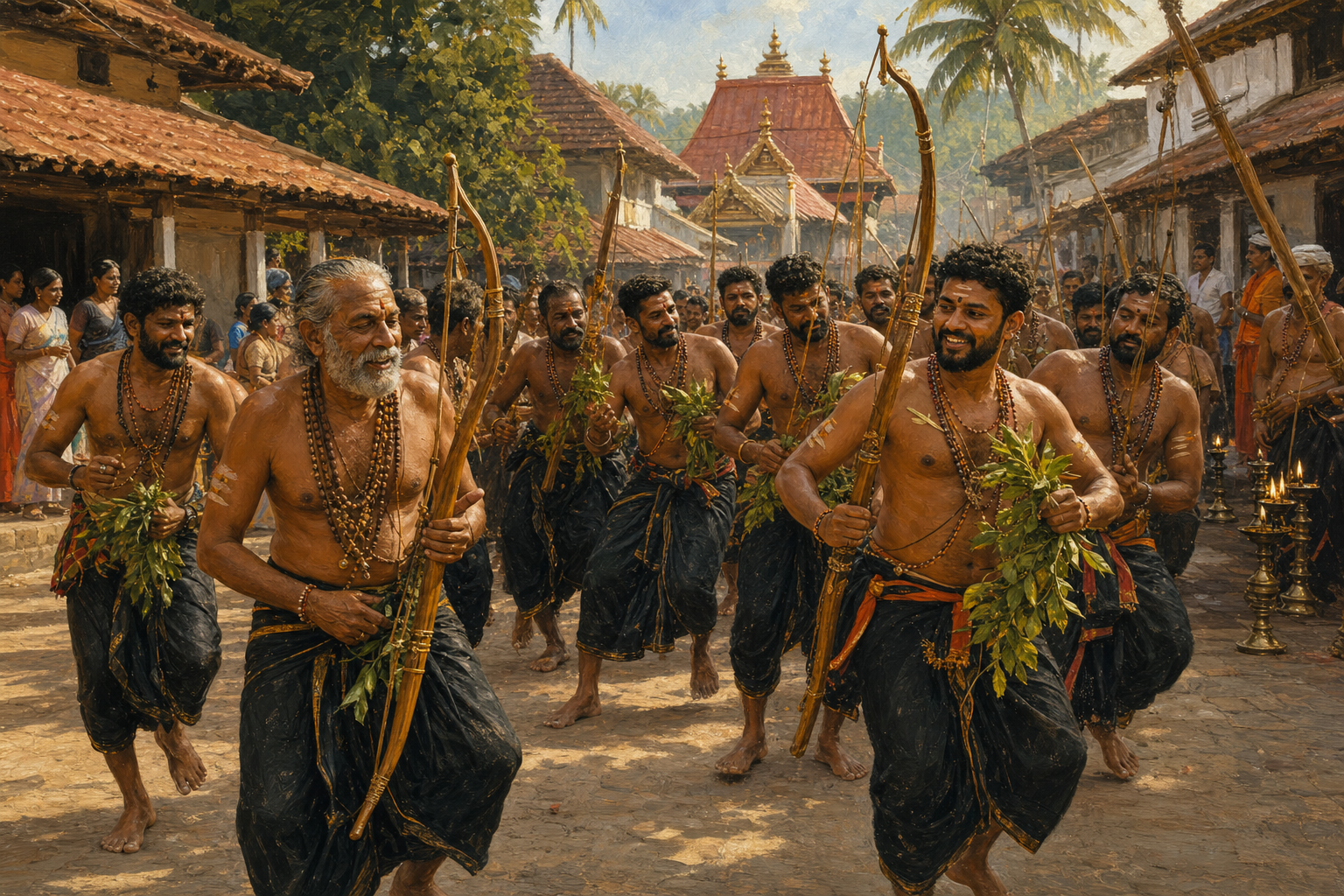Pilgrims in dark clothing and bead malas dance through Erumely carrying leafy branches and ceremonial wooden bows during a Petta Thullal procession.