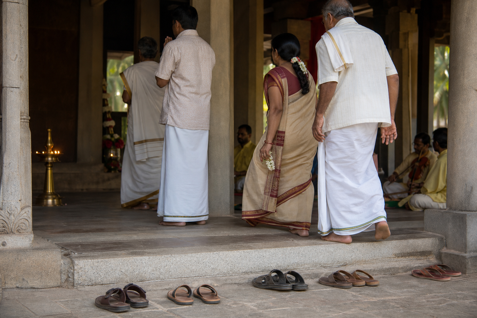 Barefoot visitors enter a flower-decorated samadhi shrine after leaving their sandals neatly outside.
