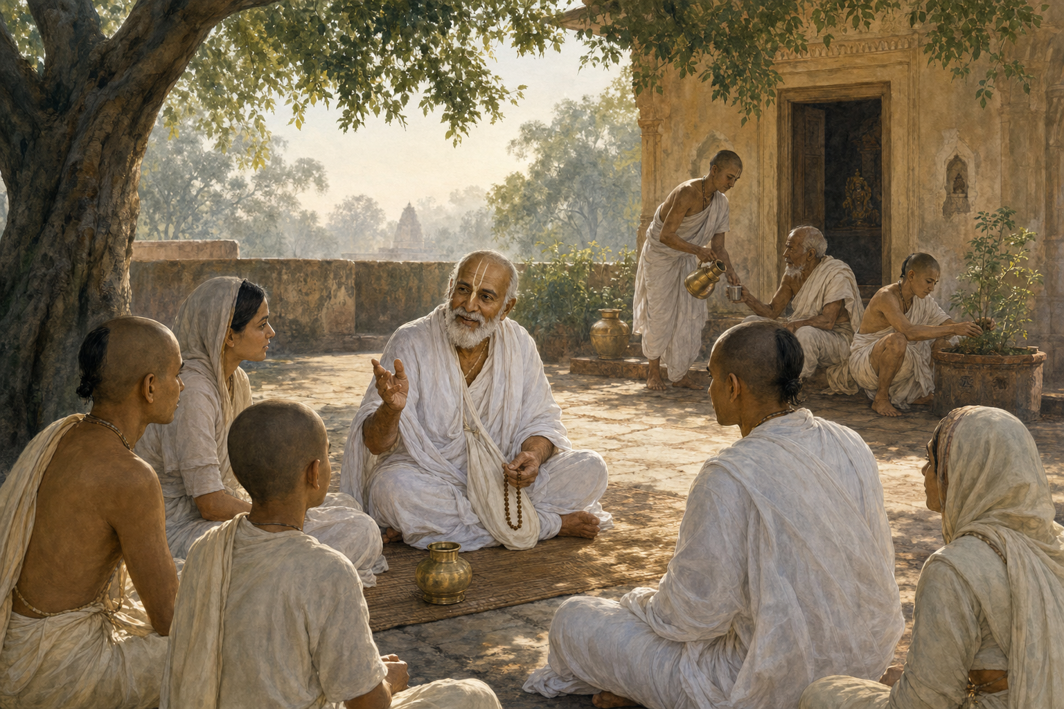 An elderly Gaudiya Vaishnava babaji teaches a small group in a quiet courtyard while disciples serve a pilgrim and tend a tulasi plant.
