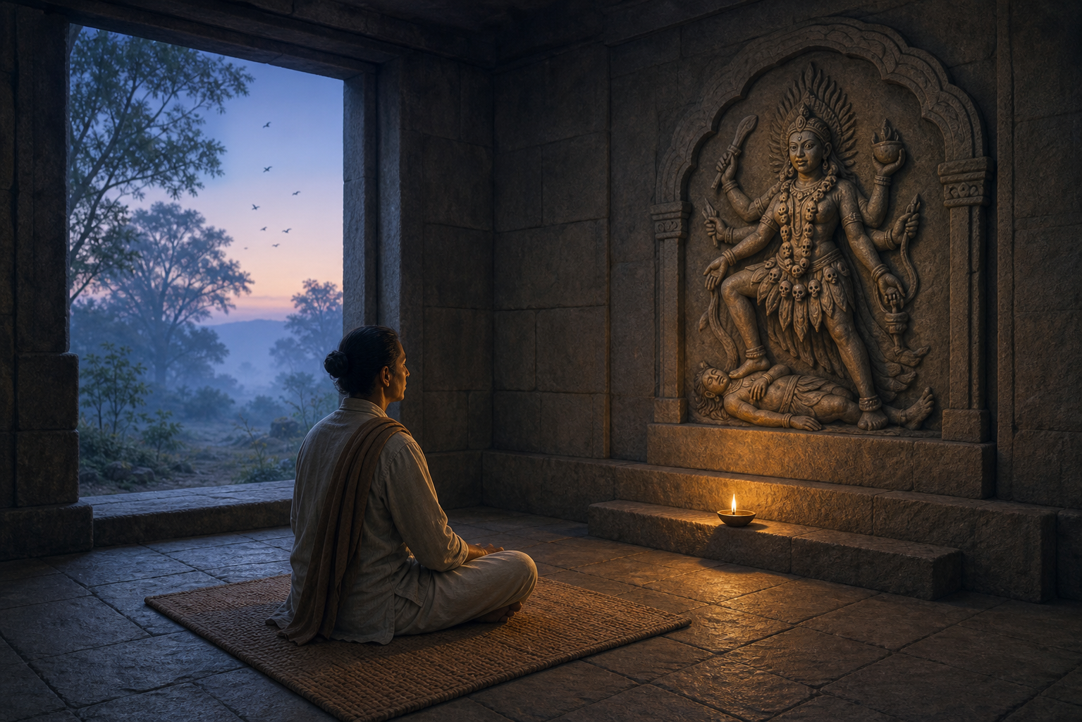 A seated practitioner calmly contemplates a small relief of Chamunda inside a stone shrine lit by an oil lamp and blue dawn light.