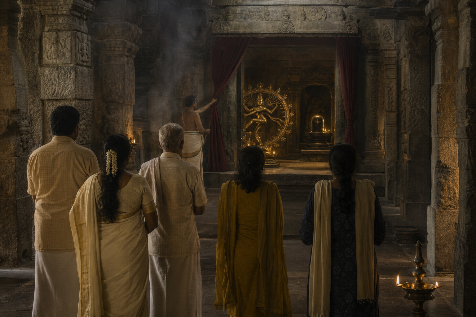Devotees stand quietly as a priest opens a curtain before Nataraja and the adjacent sacred space in a lamp-lit temple.