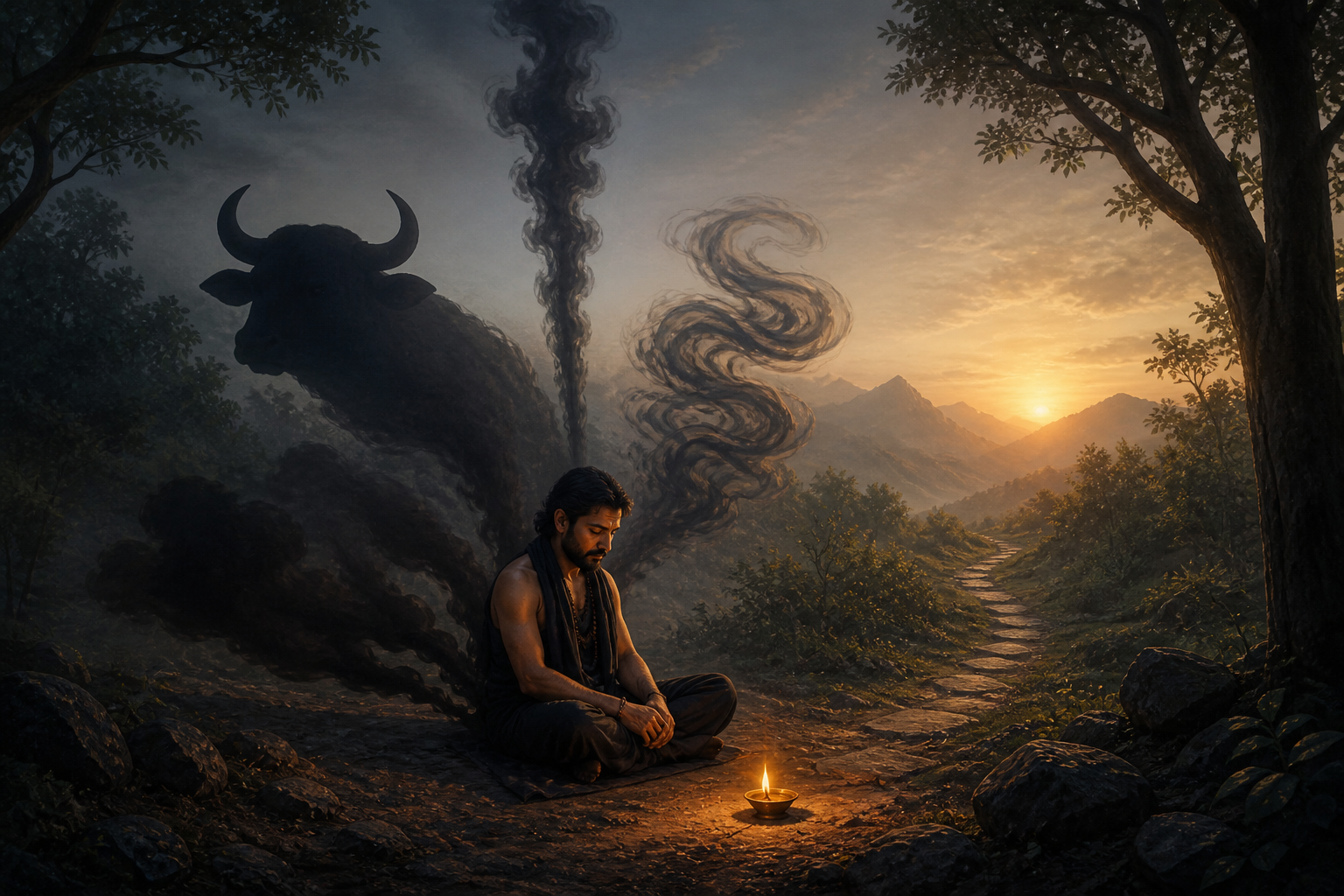 A seated pilgrim meditates beside an oil lamp while a buffalo-shaped shadow behind him dissolves into smoke at dawn.