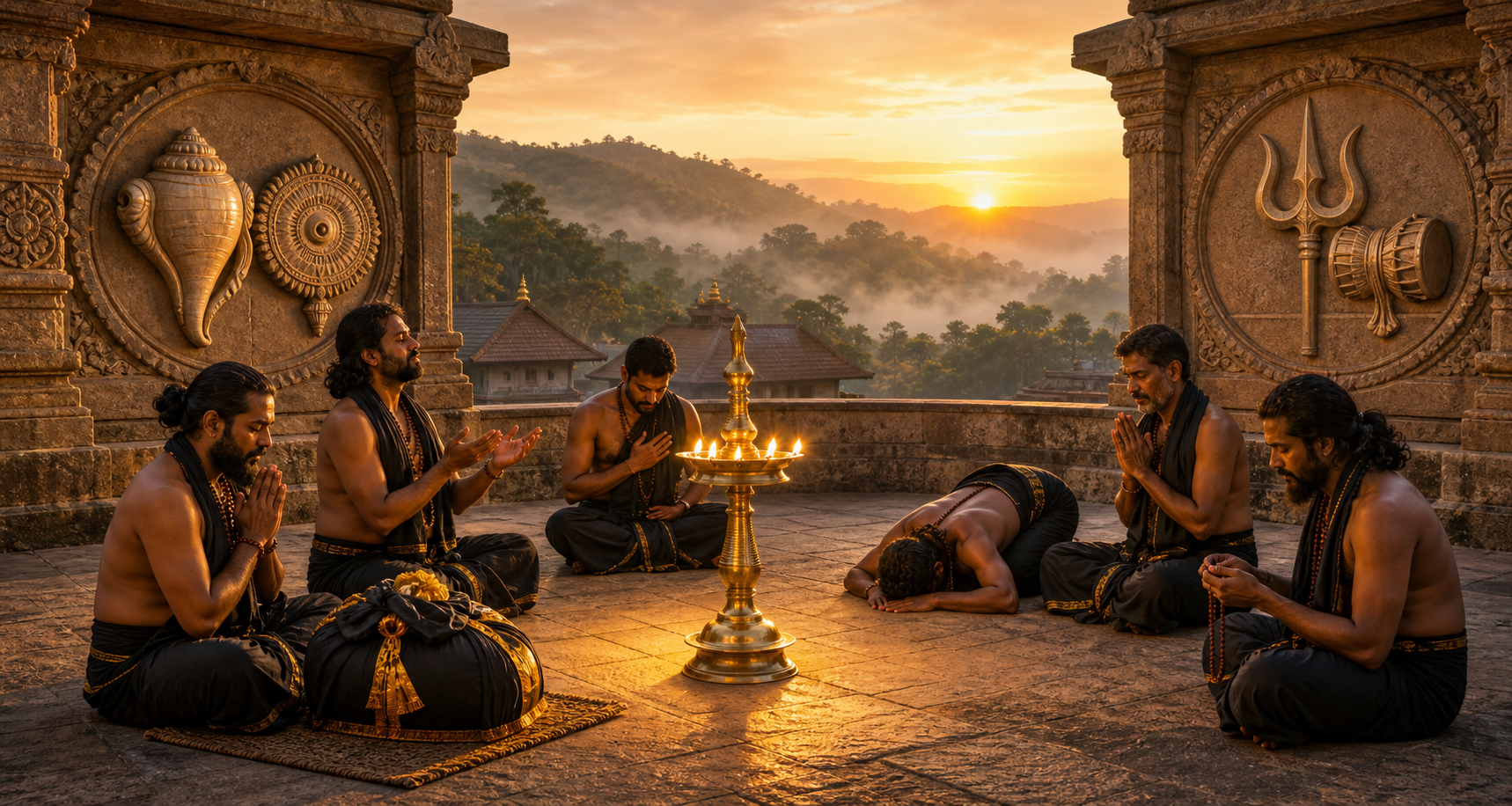 A group of Ayyappa pilgrims gathers around a brass oil lamp between distinct conch, discus, trident, and drum carvings at sunrise.