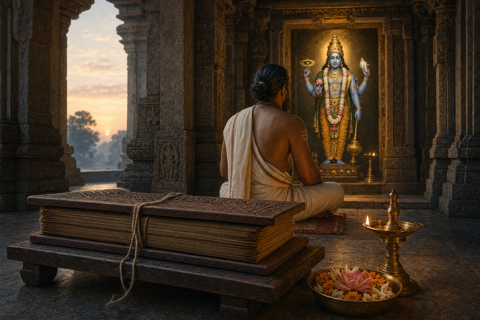 A palm-leaf manuscript on a reading stand before a seated scholar-devotee and a four-armed Vishnu image in a lamp-lit stone temple.