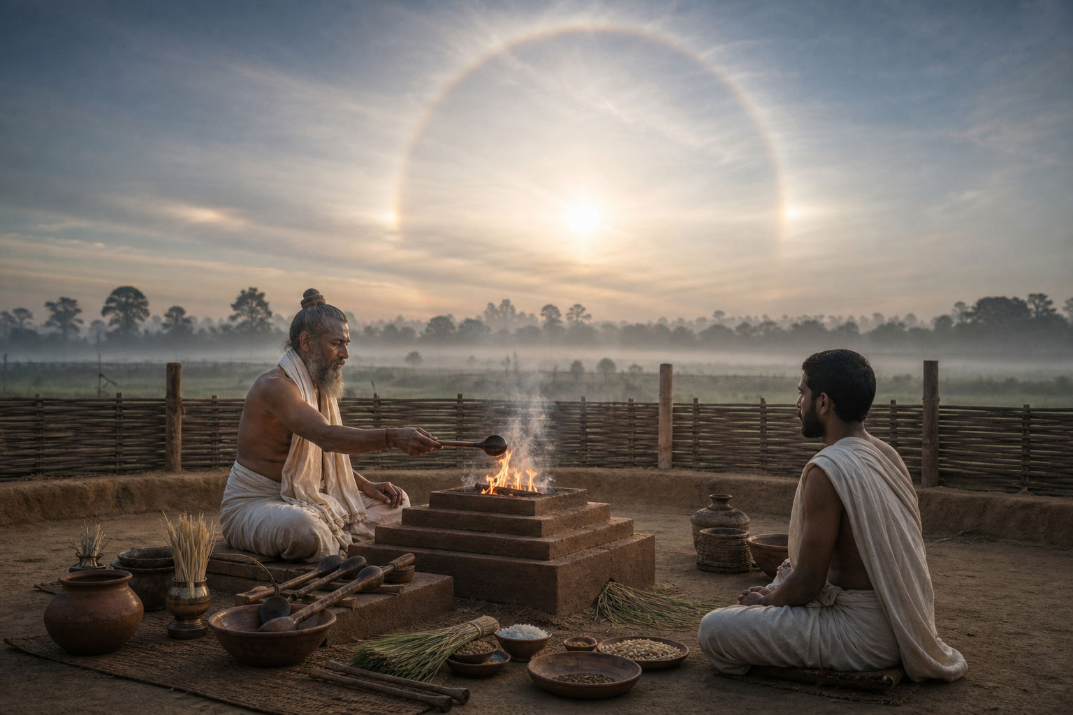 A Vedic ritual specialist and a householder sit beside an orderly fire altar as a pale halo appears around the rising sun.